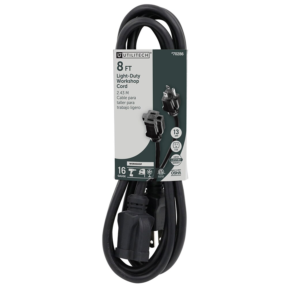 Utilitech Workshop 8-ft 16 / 3 3 Prong Black Indoor SJTW Light Duty General Extension Cord