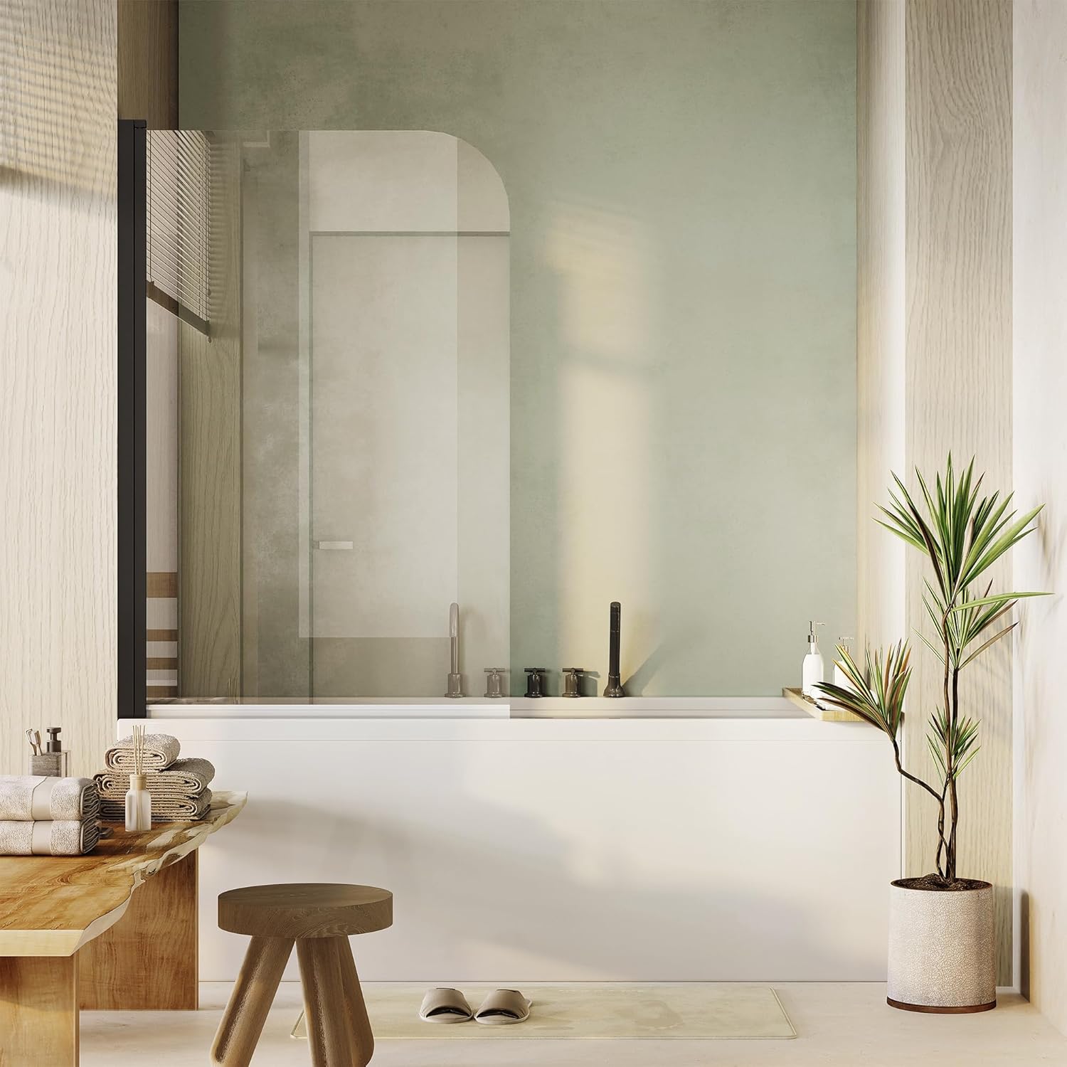 Qeetex CBDPTH-336T5WVP Matte Black Frameless Tub Shower Door 32-in W x 55-in H with 6mm Tempered Glass - 180°Rotatable Bathtub Glass Panel