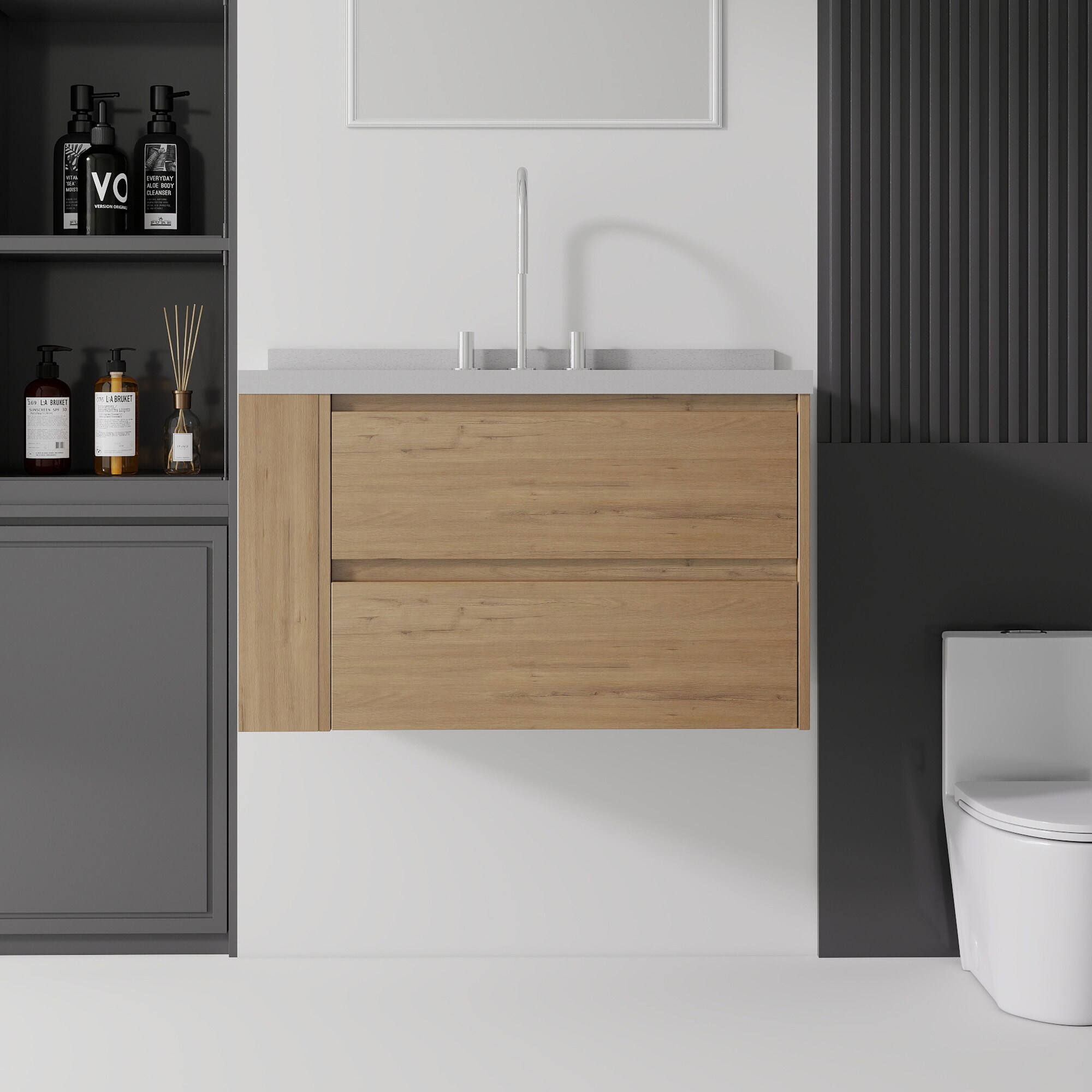Basdien 36 in Oak Floating Bathroom Vanity with Granite White Cultured ...