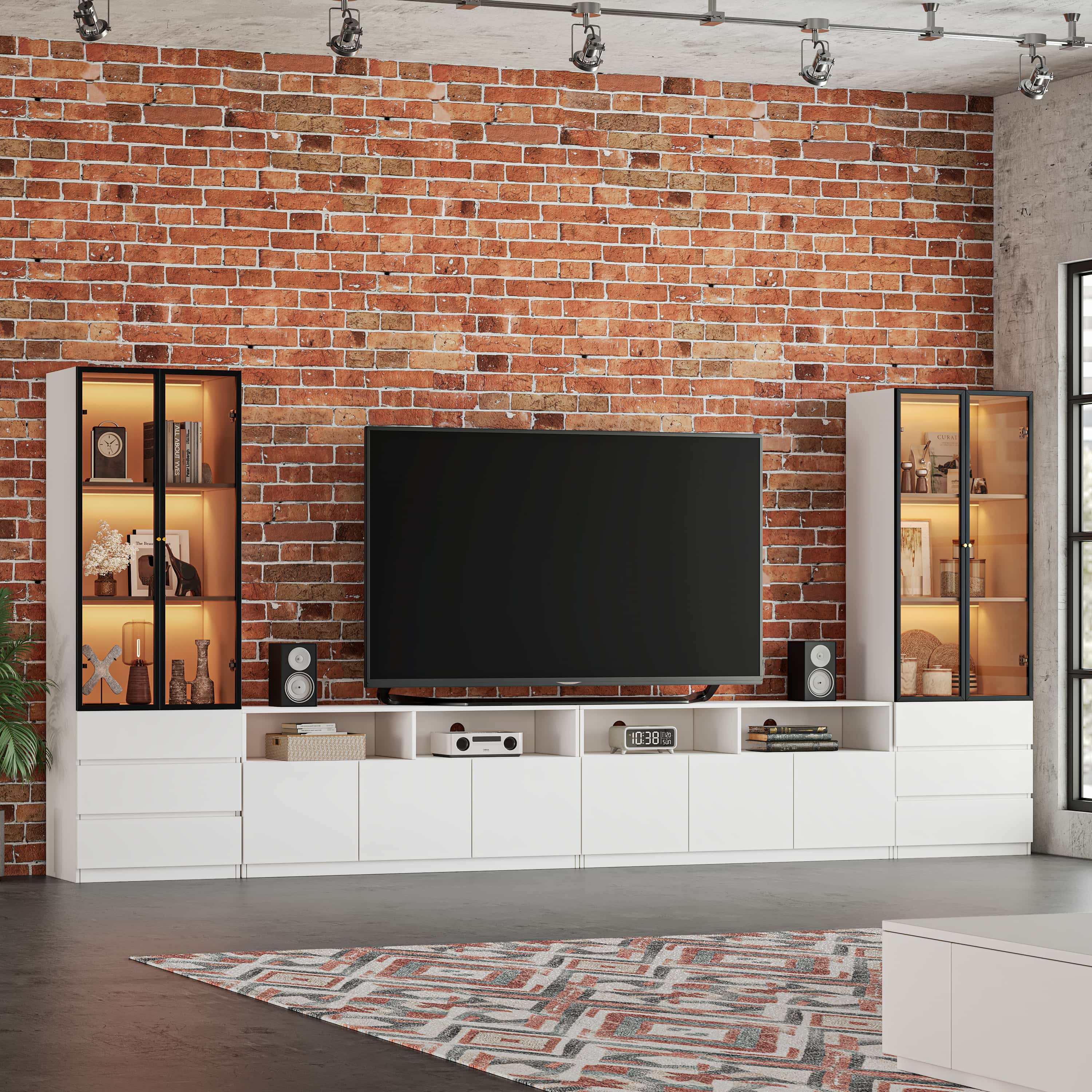 ATJafurn 3Pcs White Modern Entertainment Center for 60/70/80/90 inch TV - Included Module TV Stand and Two 71-in Tall Glass Display China Cabinet - Media Console Set for Living Room