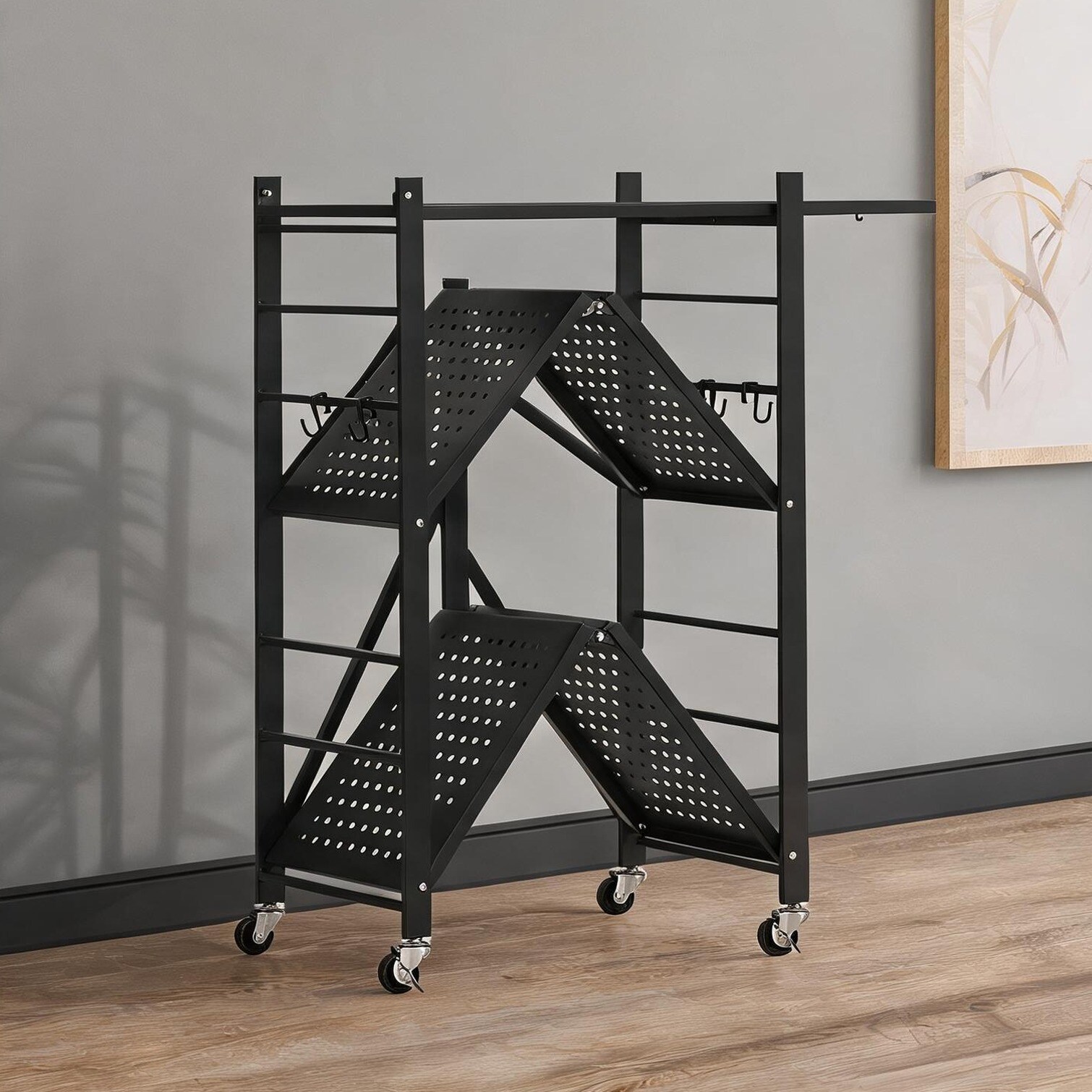 Naturefalls 3-Tier Foldable Metal Storage Shelf with Wheels in Classic Black for Indoor Organization 36.5 x 14.65 x 5.12 Inches