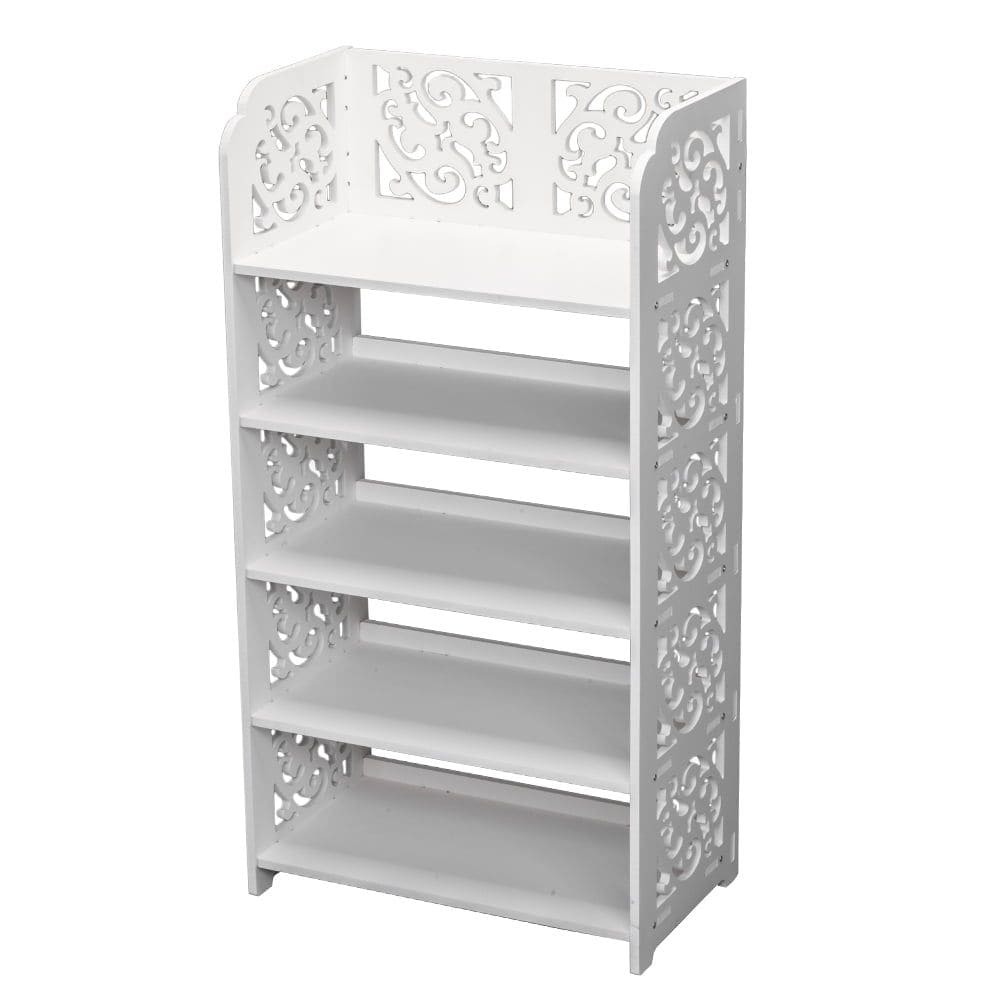 JUSHUA 5 Tiers White Shoe Rack Wood plastic Board Carved Hollow Shoe Storage Rack Waterproof Damp Proof Easy Clean Shoe Organizer Suitable for Living Room Hall Study Bedroom Home Use