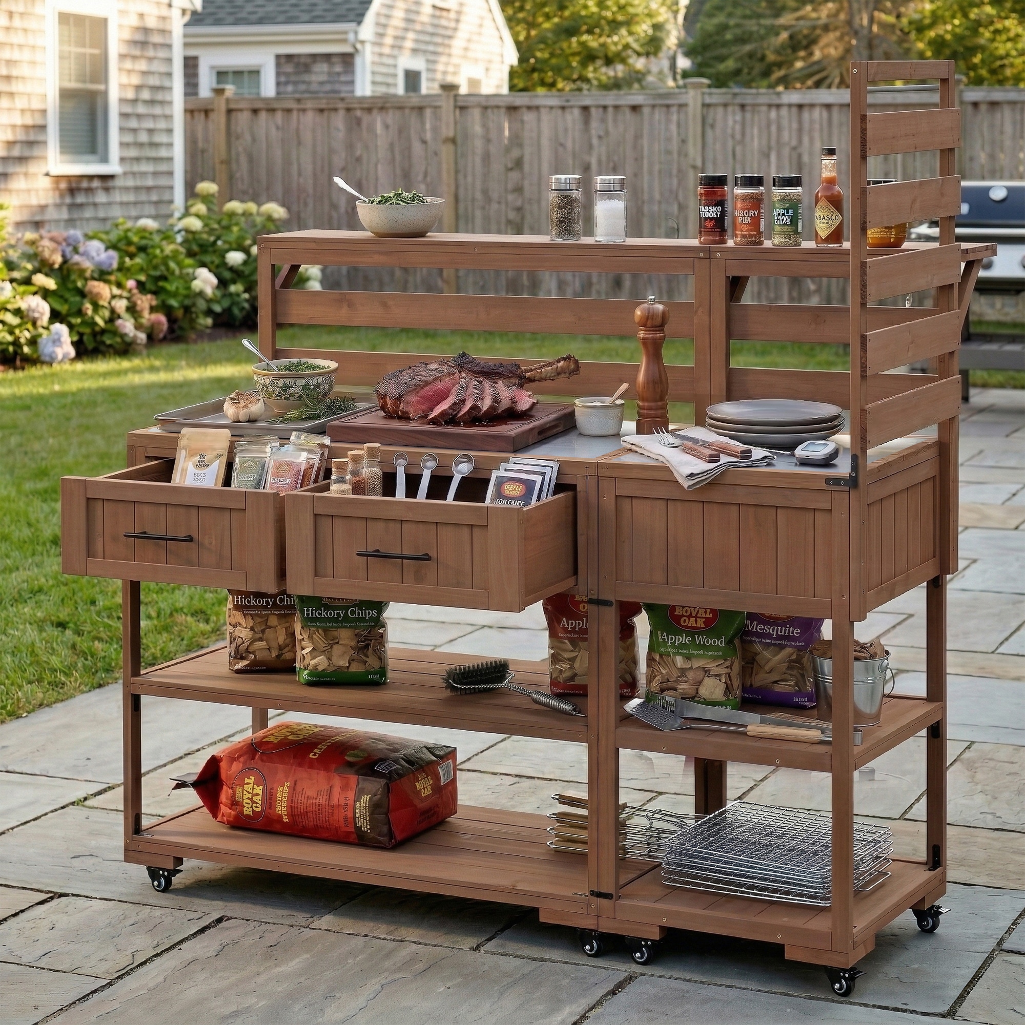 Blisstyle 62.3 Patio Kitchen Island Solid Wood Kitchen Cart with Stainless Table Top Garden Potting Bench with Raised Shelf and Drawers Grill Prep Table for Bbq Party Brown Deck Boxes Outdoor Waterproof