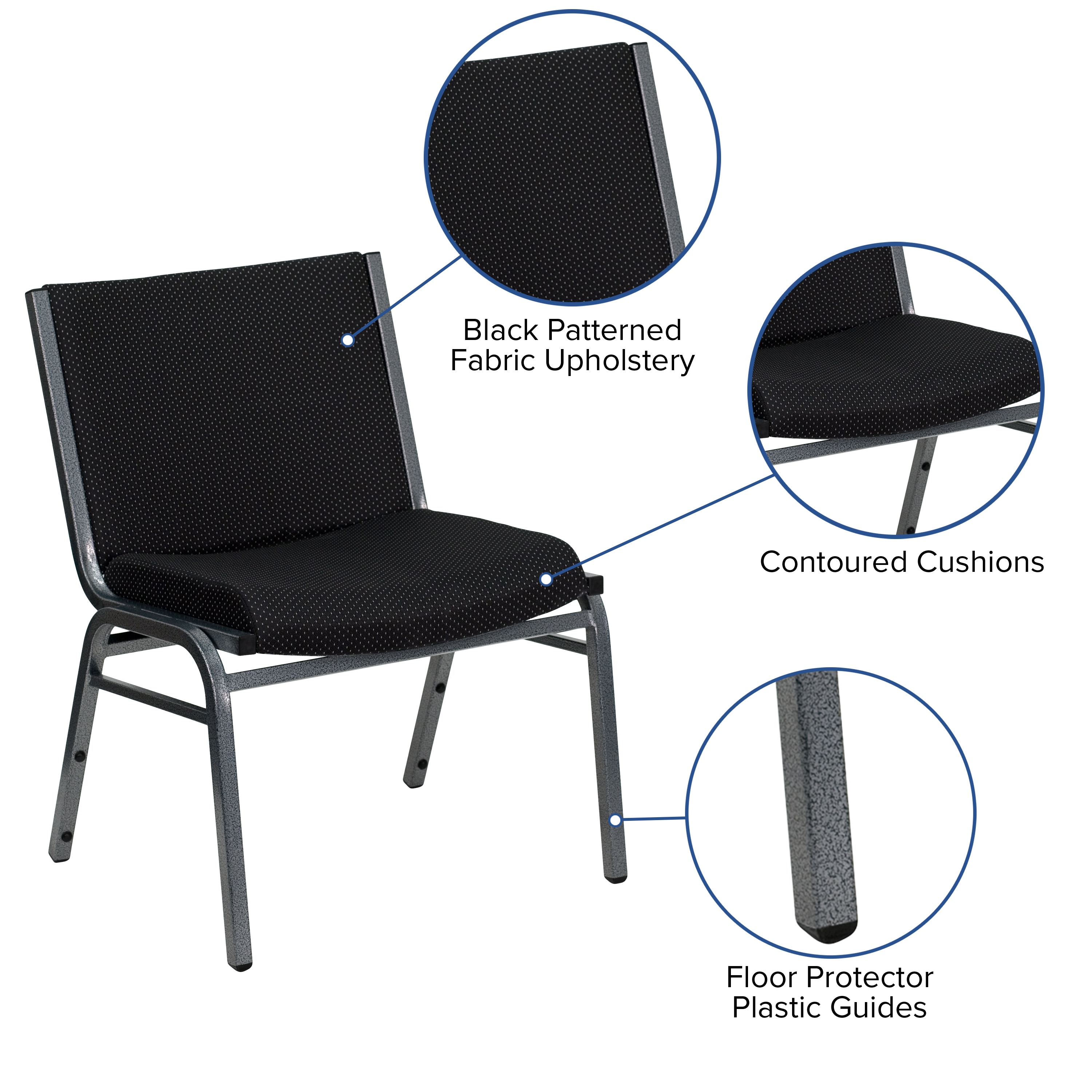 Contemporary Black Fabric & Silver Metal Stackable Chair Duo