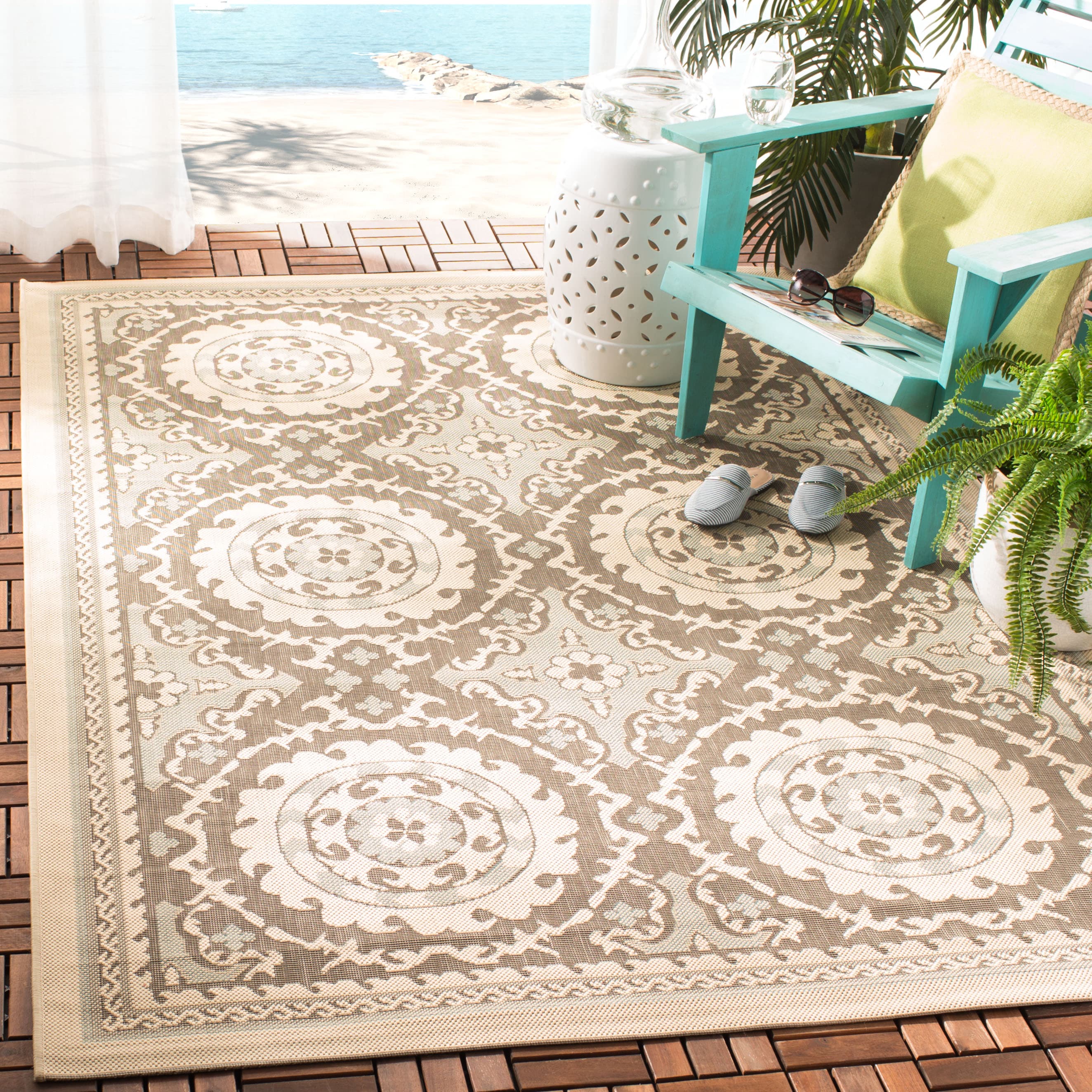 Safavieh CY7059-79A18-3 Courtyard Reze 3 x 5 (ft) Loomed Polypropylene Beige/Brown Rectangular Indoor/Outdoor Medallion Coastal Throw rug