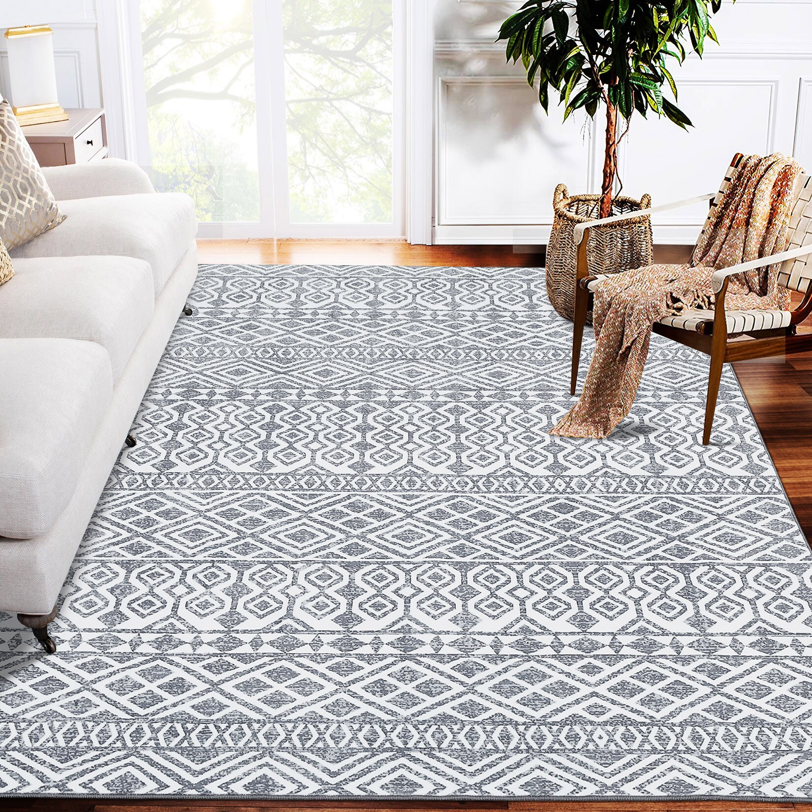 Garvee YXY-LO-PHO-0ZBITHBR 4 x 6 (ft) Loomed Polyester Gray Rectangular Indoor Geometric Moroccan Machine washable Area rug