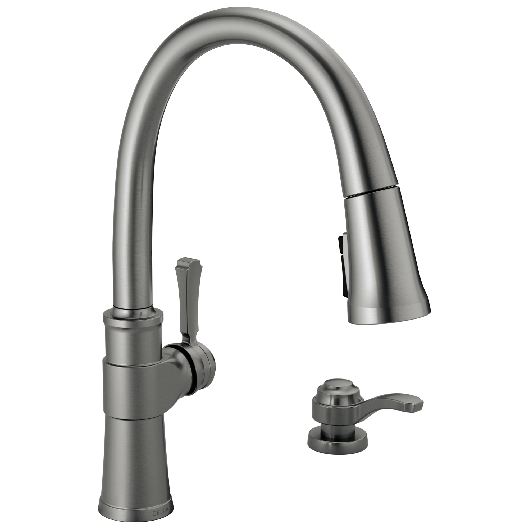 Delta 19964Z-KSSD-DST Spargo Black Stainless Single Handle Deck-mount Pull-down Kitchen Faucet with Sprayer ( Deck Plate Included ) (Soap Dispenser Included)