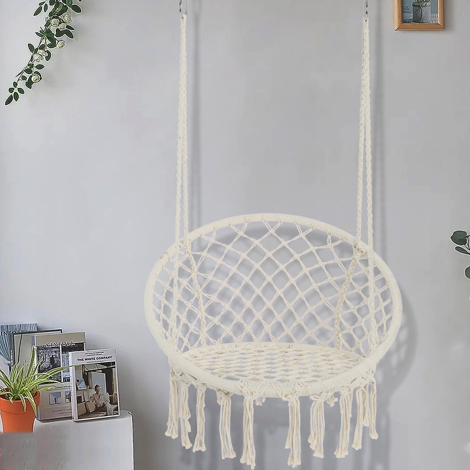 Maincraft D01-SC06 Stackable White Hanging Egg Chair with Tan Woven Seat
