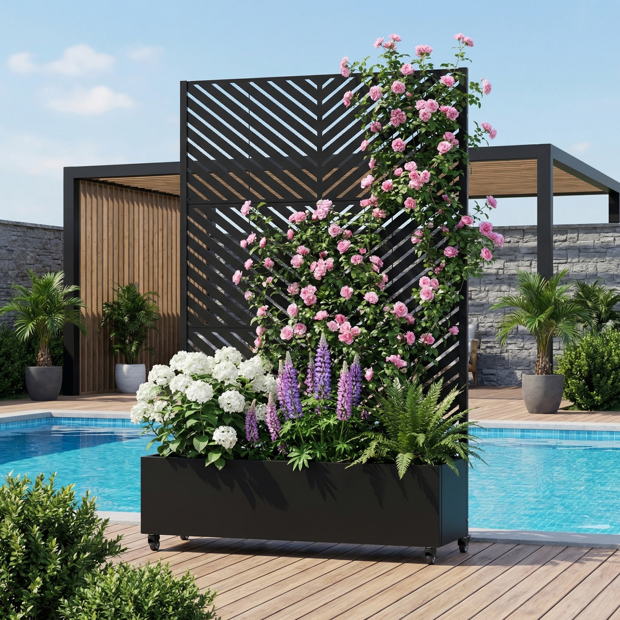 Wooakway Metal Planter Box Raised Garden Bed Planter with Trellis Outdoor Privacy Screen with Planter 360-Degree Wheels Garden Box Hollow Diagonal Parallel Lines Style 72 in. H X 47 in. W
