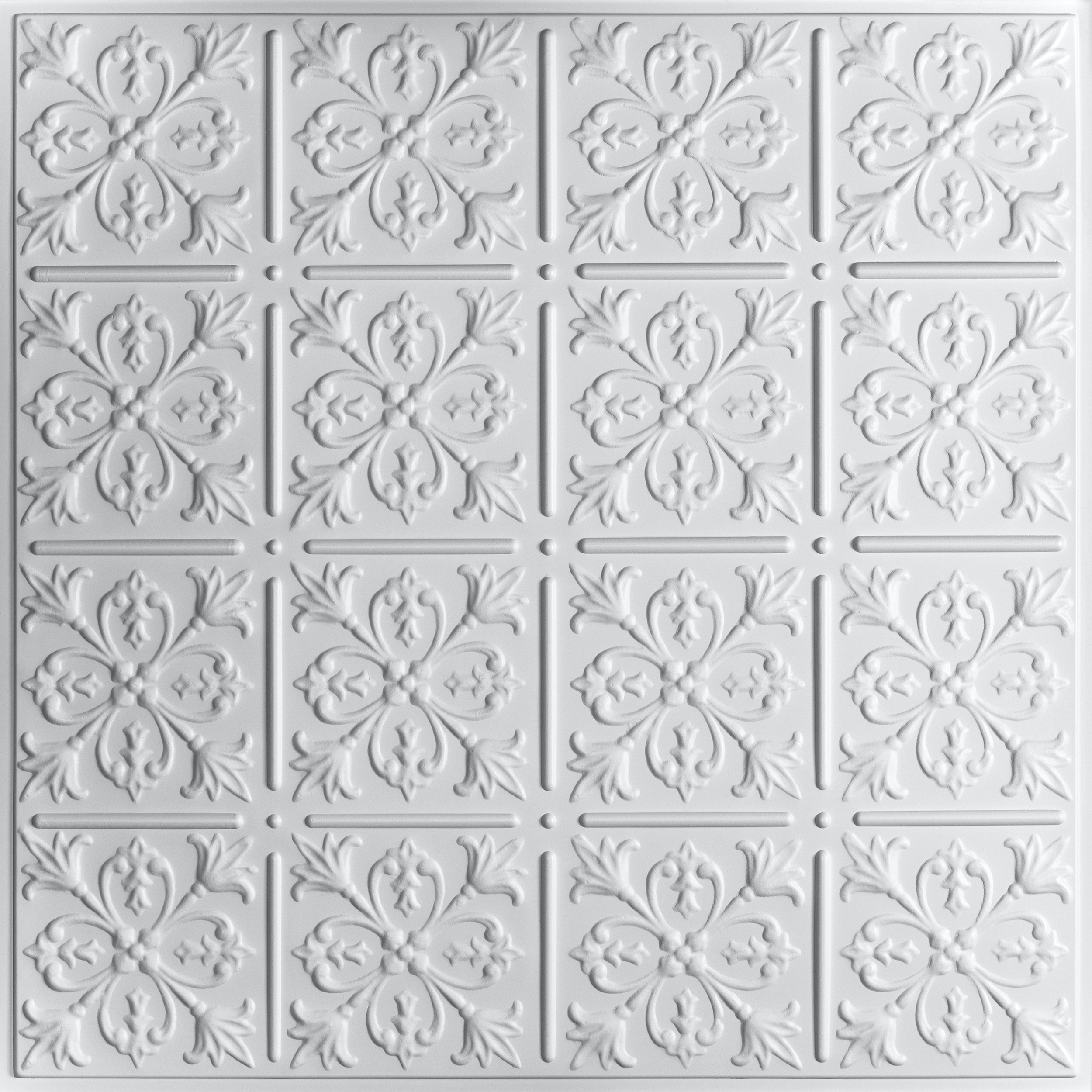 Ceilume 2-ft x 2-ft Fleur-de-lis Signature Series White PVC Drop-in/Adhesive Ceiling Tile ( 6 -Pack, 24-sq ft / Case ) #V3-FLR-22WTO-6