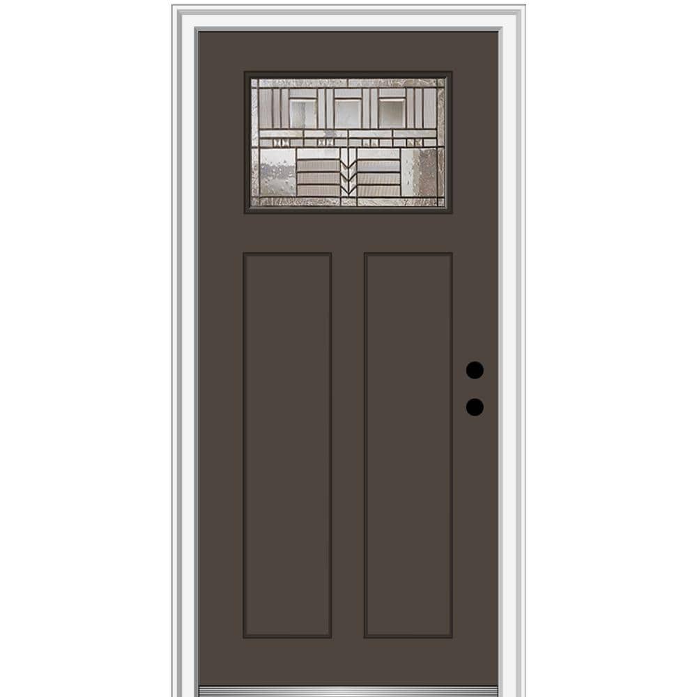 MMI DOOR ZZ3664611L 32-in x 80-in x 6-9/16-in Fiberglass Craftsman Left-hand inswing Brown Painted Prehung Front Door with Brickmould Insulating core