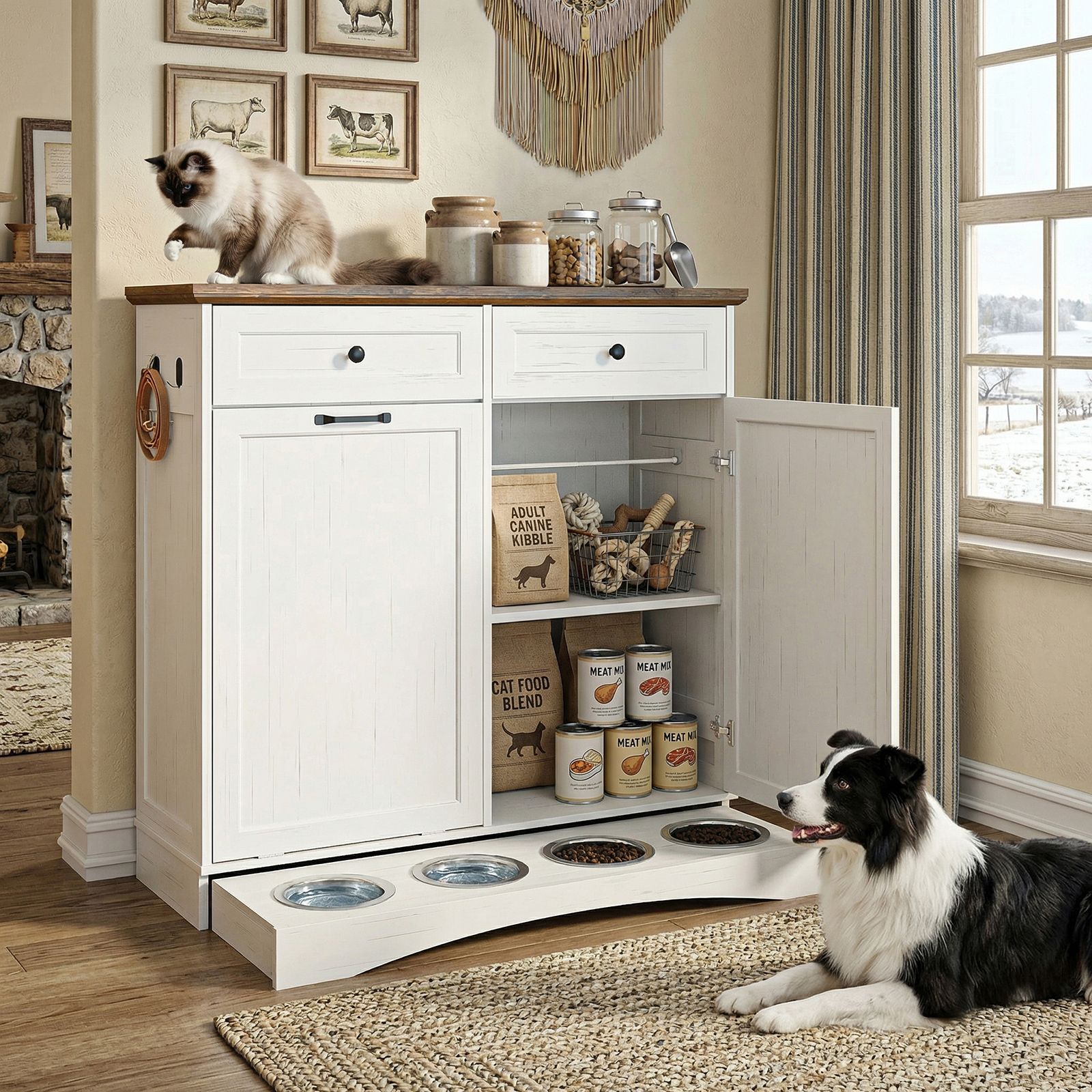 FIMELLO - Dog Food Storage Cabinet Pet Feeder Cabinet Tilt-Out Dog Feeding Station with 4 Feeding...