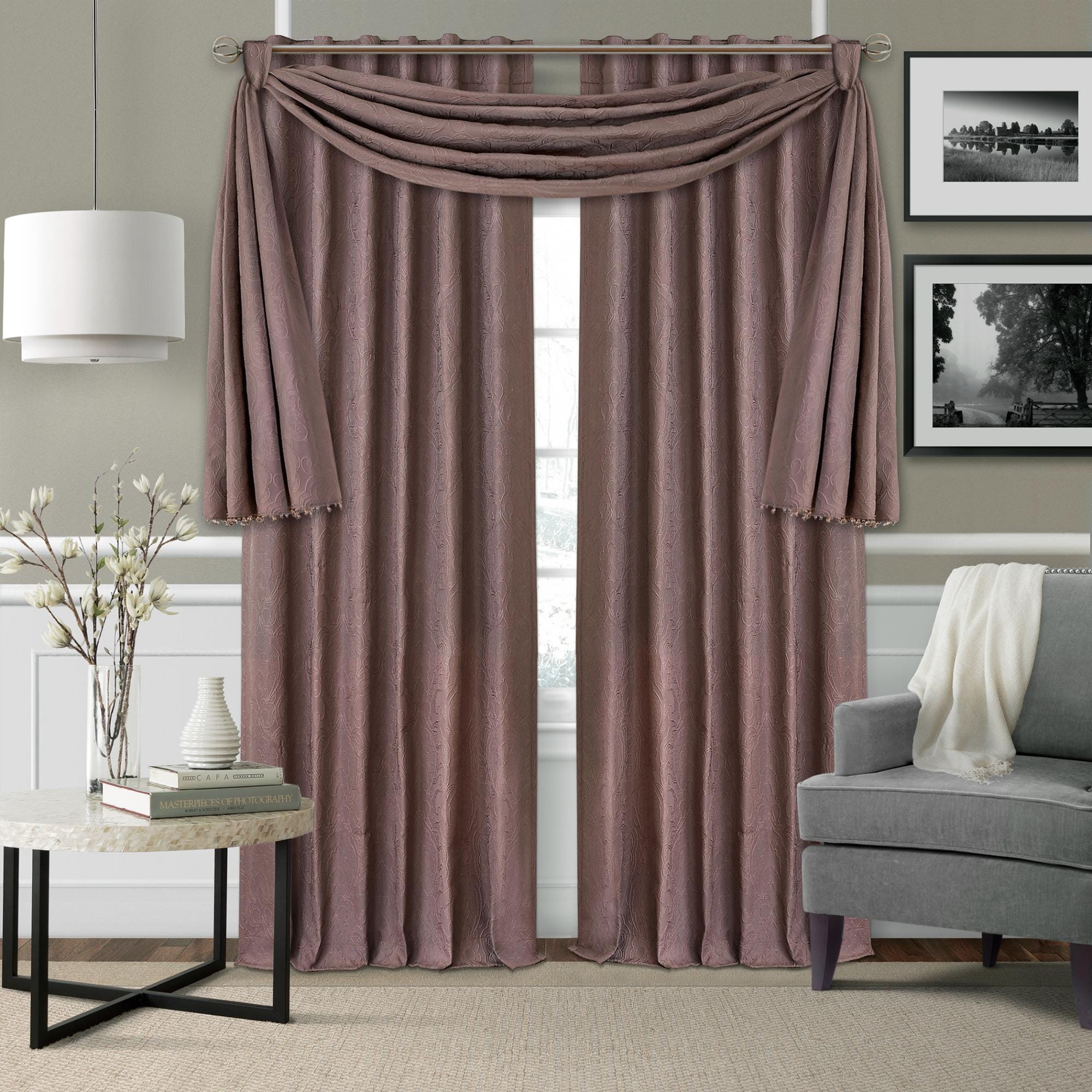Threadmade  Leila Matelasse Single Blackout Window Scarf Valance Mauve 52 W x 144 L