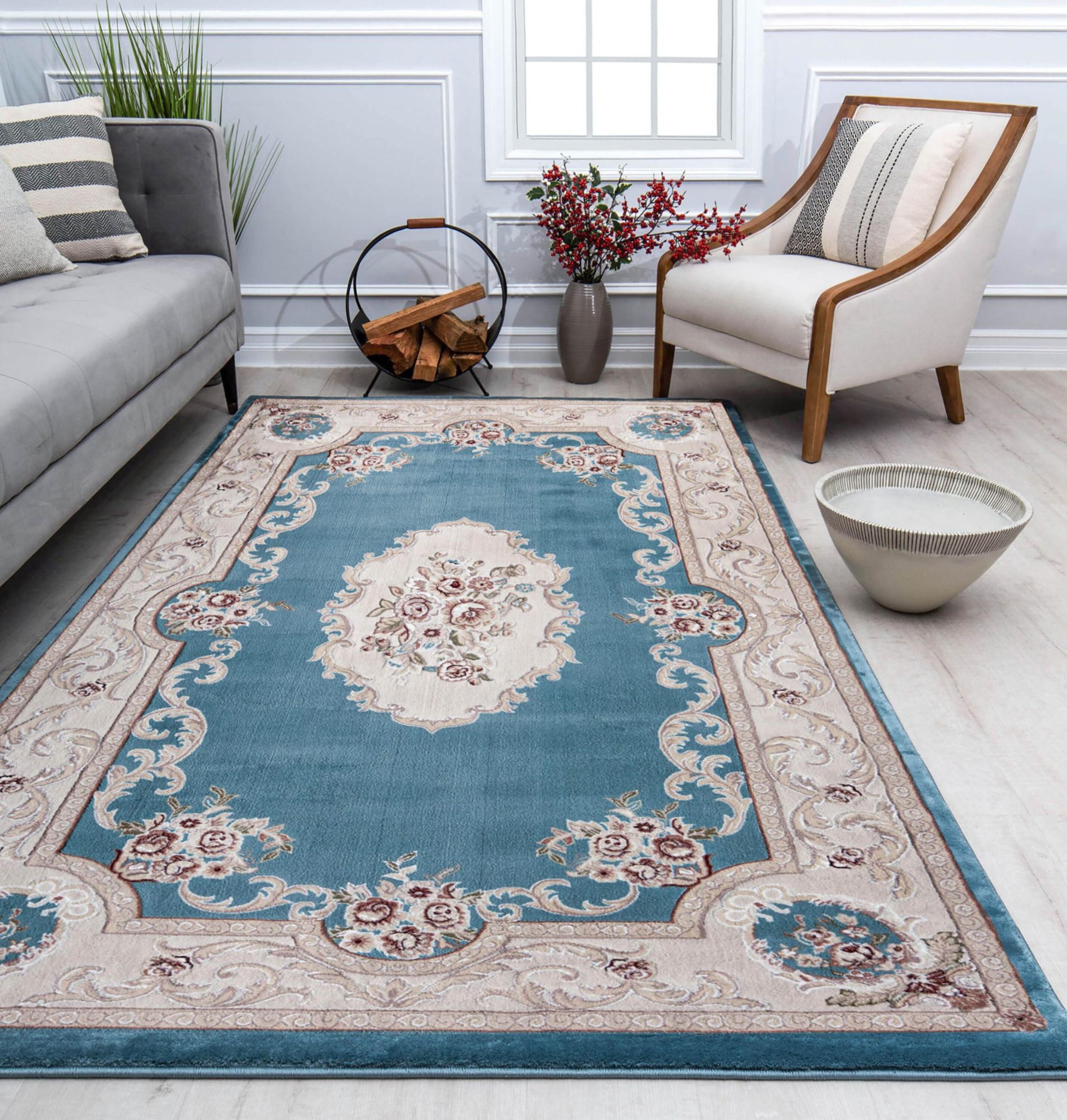 Aubusson Blue and Taupe 5' x 5' Transitional Vintage Area Rug