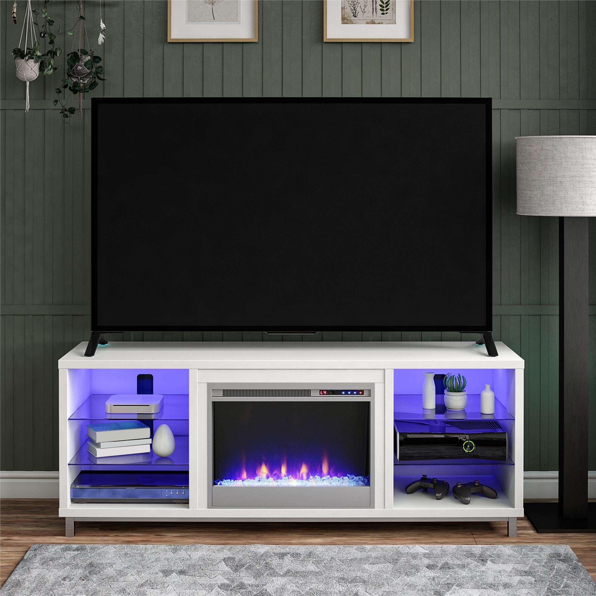 Sunrinx MG63-1-GSD 64.8-in W White TV Stand with Fan-forced Flat wall Electric Fireplace with Remote Control Included