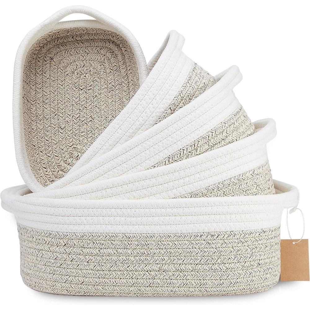 Baginizer  Natural Cotton Rope Woven Storage Baskets 5 Piece Set Rectangle Small for Montessori Baby Nursery Dog Cat Toys Bathroom Organizing