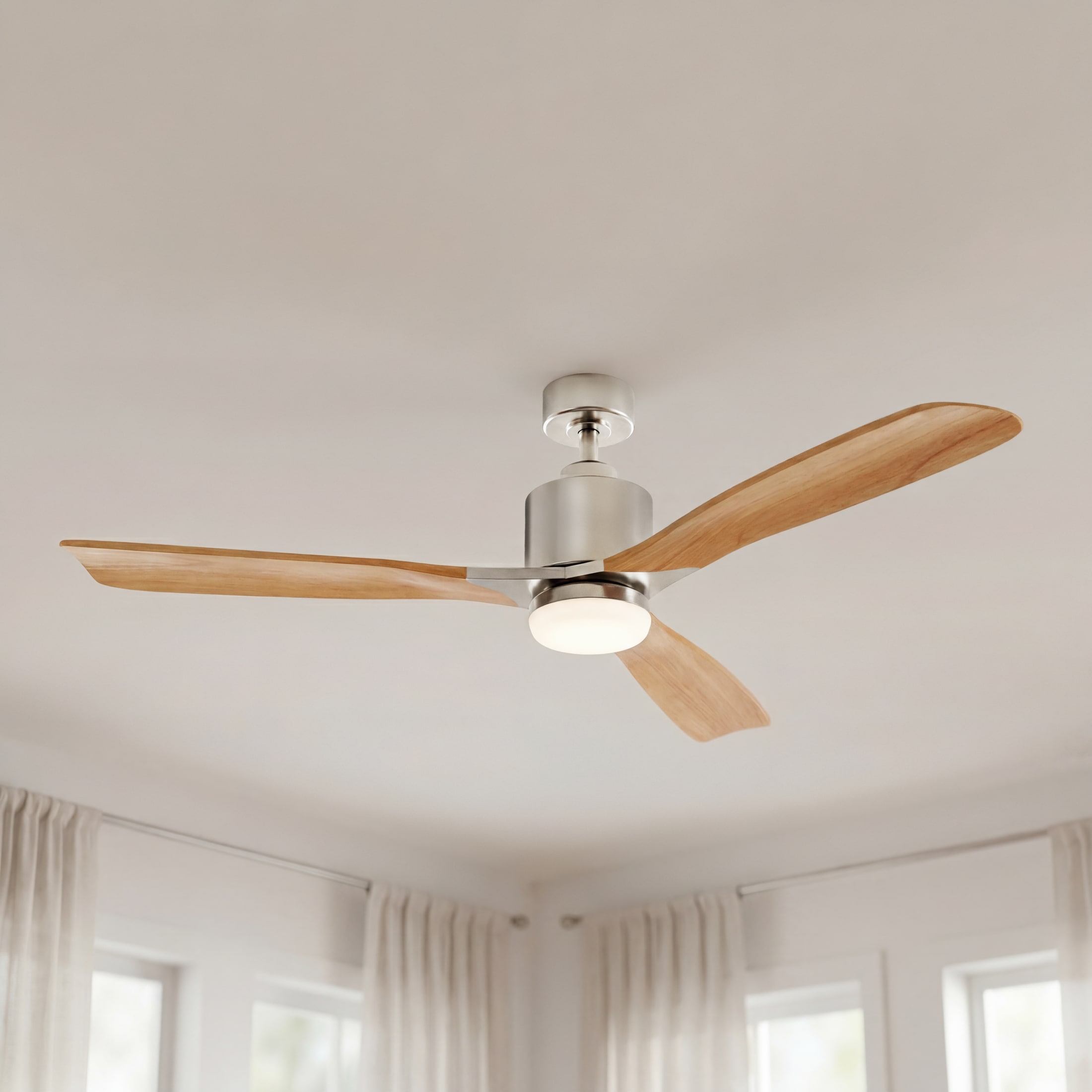Kichler Ridley II 52-in Brushed Stainless Steel with Medium Oak Blades LED Ceiling Fan With Light and Wall Control Included 3 -Blade