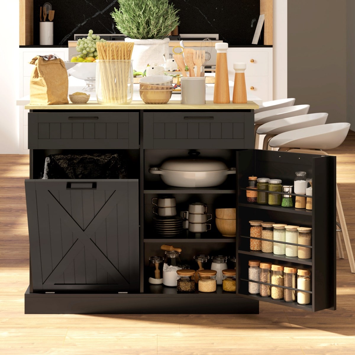 GlasFlength  10 Gallon Farmhouse Kitchen Cabinet with Hidden Trash Can and 2 Drawers Tilt Out Trash Can Cabinet for Kitchen Dining Room Black