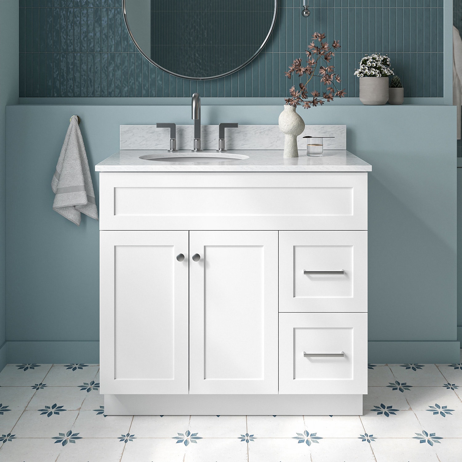 ARIEL F037SLCW2OVOWHT Hamlet 37-in White Undermount Single sink Bathroom Vanity with 0.75" Carrara White Marble Natural marble Top