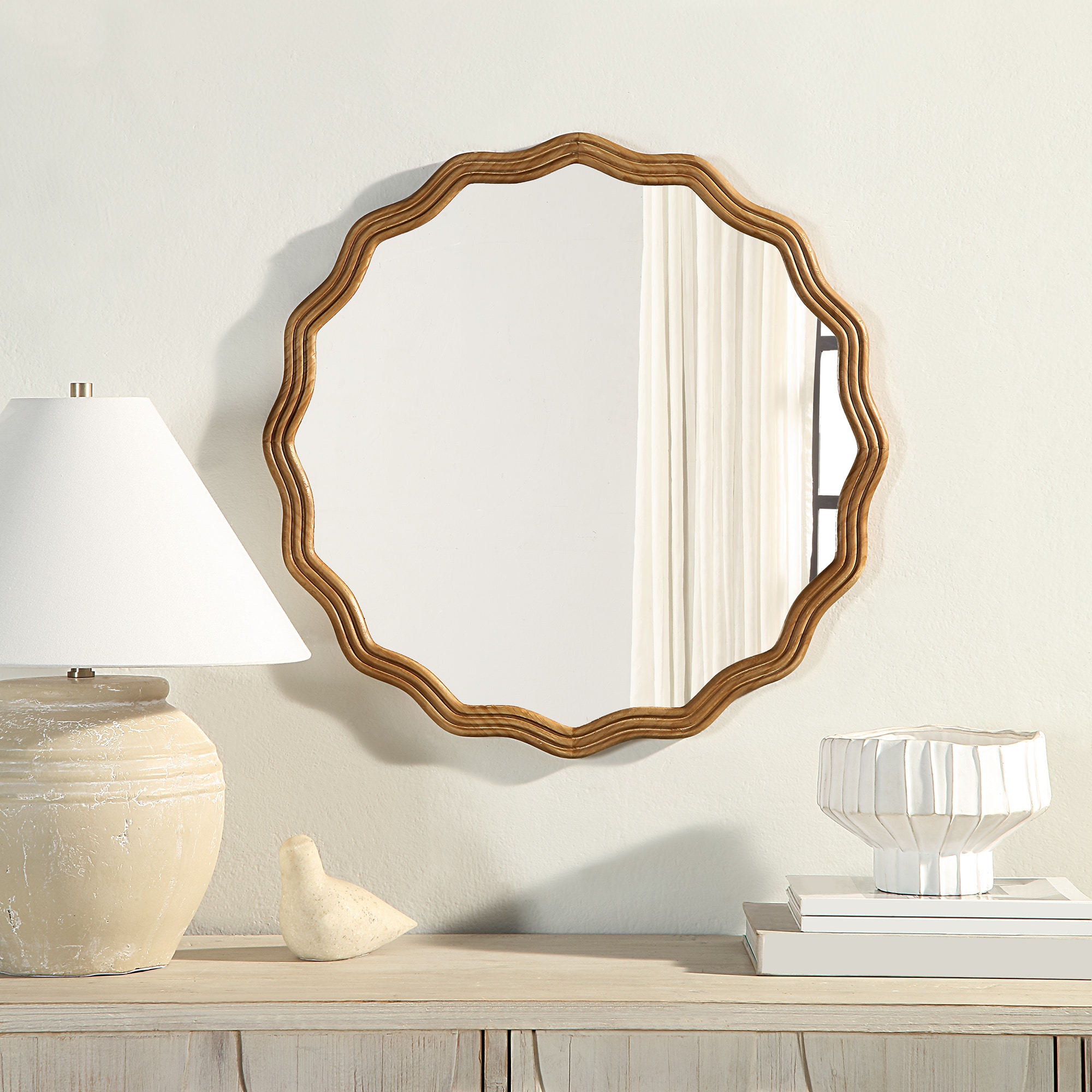24-Inch Round Natural Fir Wood Framed Wall Mirror