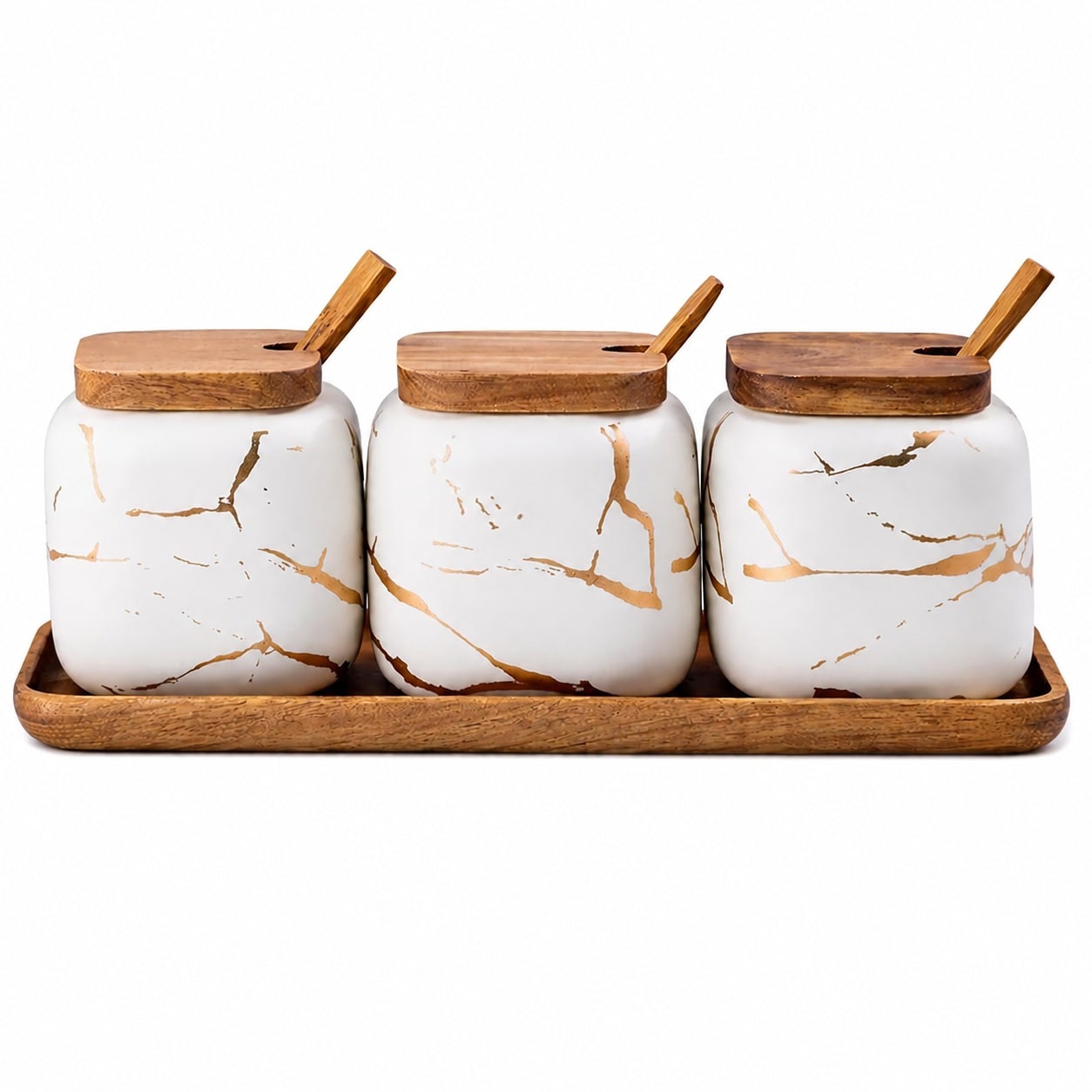 Etokfoks  White Ceramic Seasoning Jar Set with Wooden Lids Spoons and Tray 3 Piece Condiment Pots 12 oz
