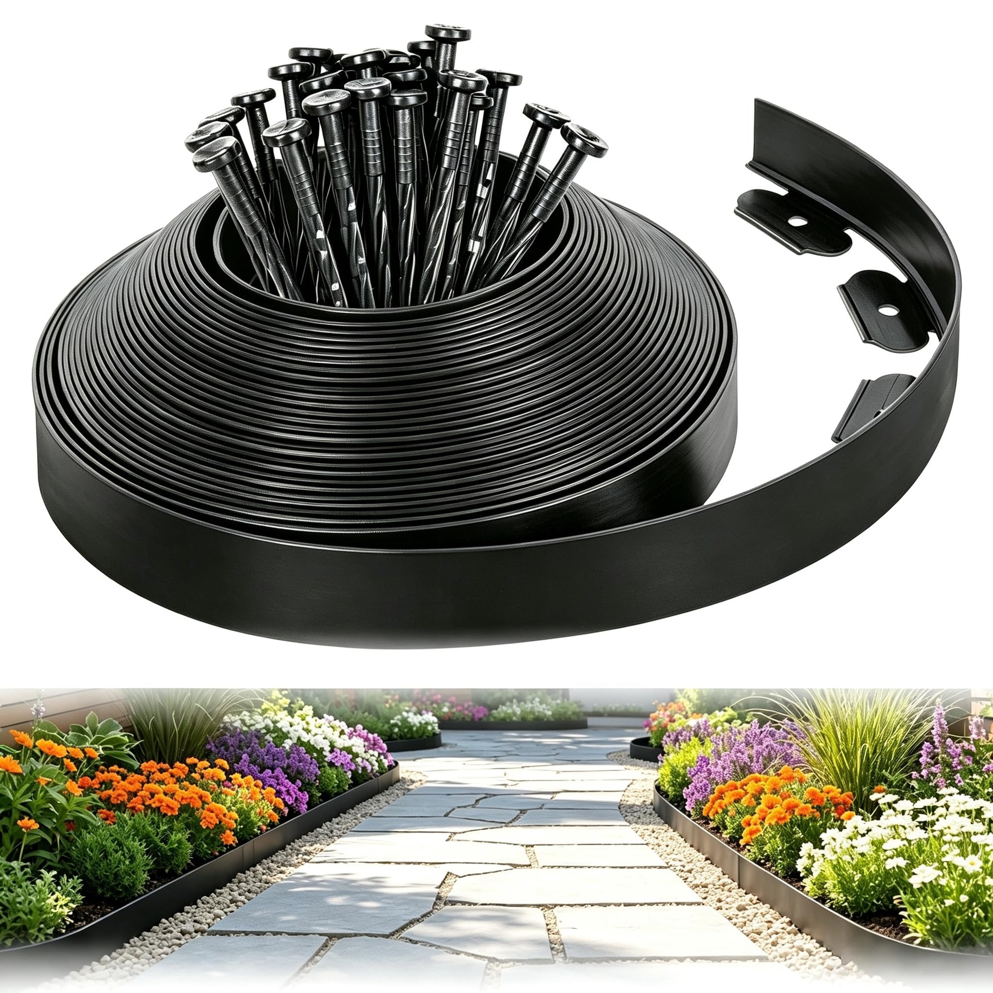 JVFCXXV  2 Inch x 33 FT Landscape Edging Border with 50 Spikes Garden Edging Border Lawn Edging Plastic Edging for Landscaping Flower Beds Yard