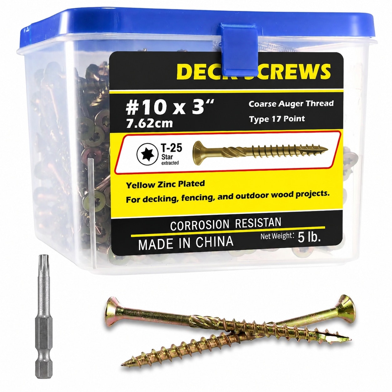 Phewnyzo  10x3 Deck Screws Yellow Zinc Plated Wood Screws T25 Star Drive 5lb Box for Outdoor Decks Fencing and Wood Projects