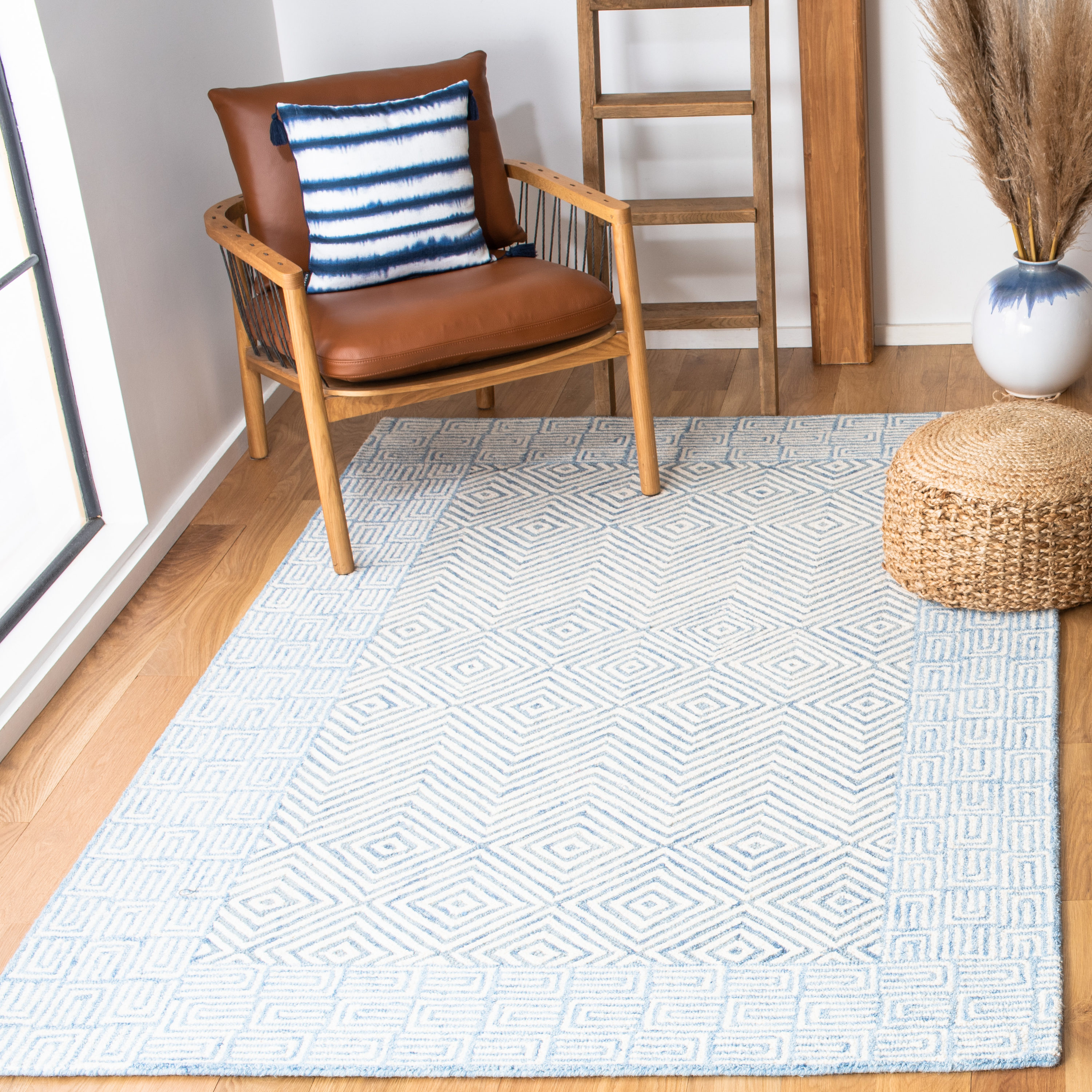 Light Blue and Ivory Hand-Tufted Wool Geometric 6' x 9' Area Rug