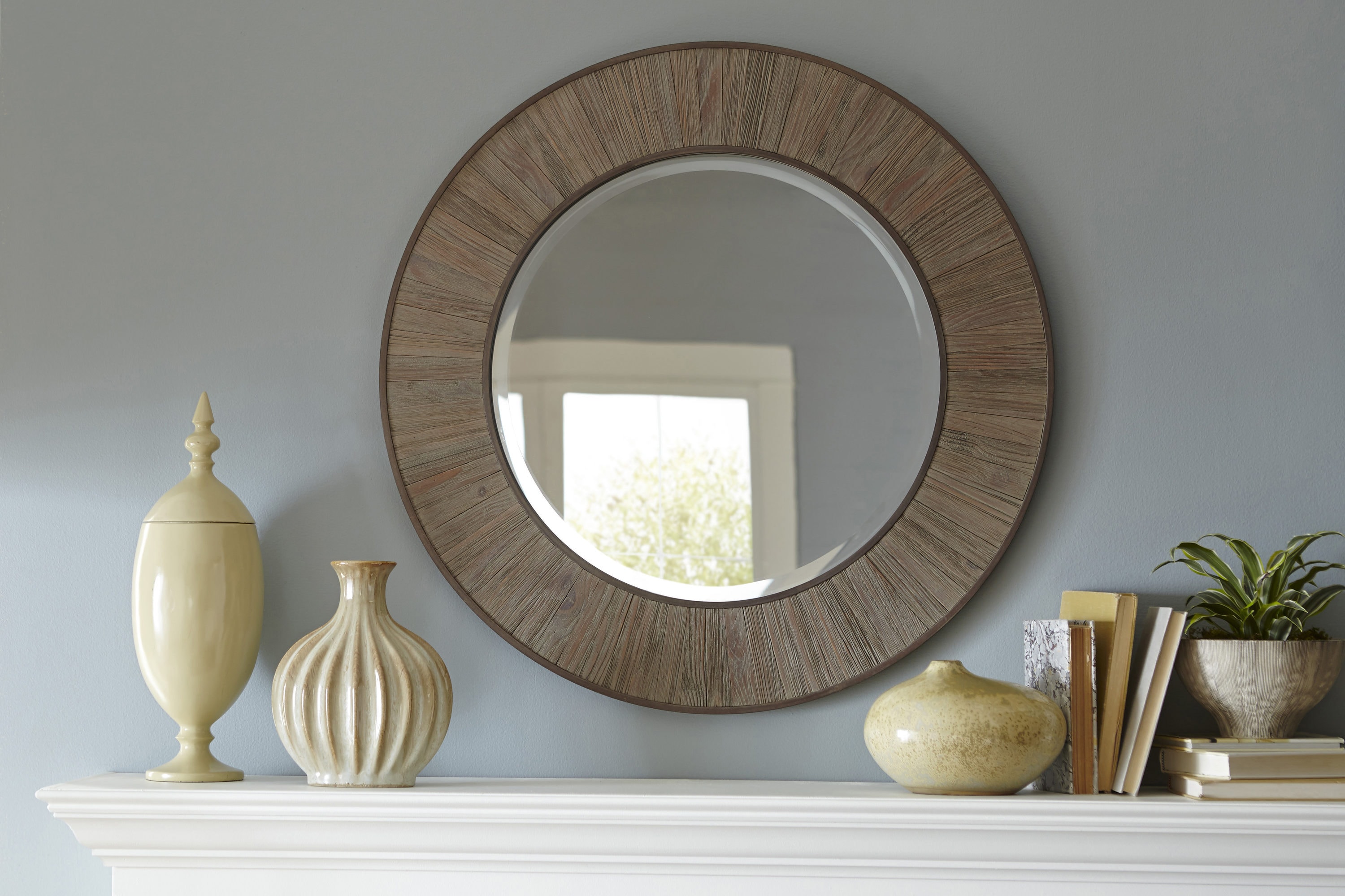 allen roth L x W Round Nature Wood Wall Mirror in the Mirrors department  at