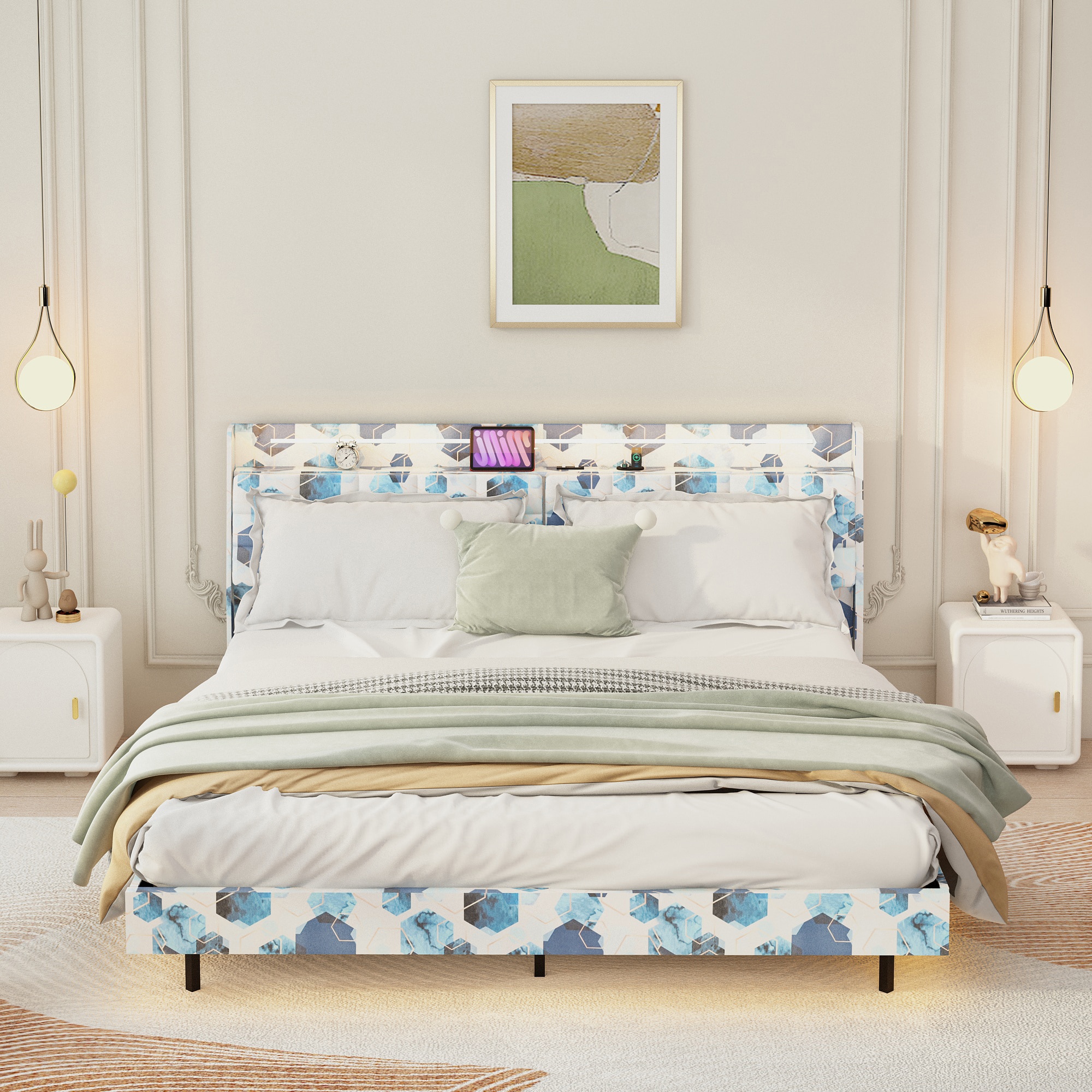 GZMR GZ-JH8870Q Queen Floating Bed Frame Velvet Queen Wood and metal Bed frame Bed with Storage