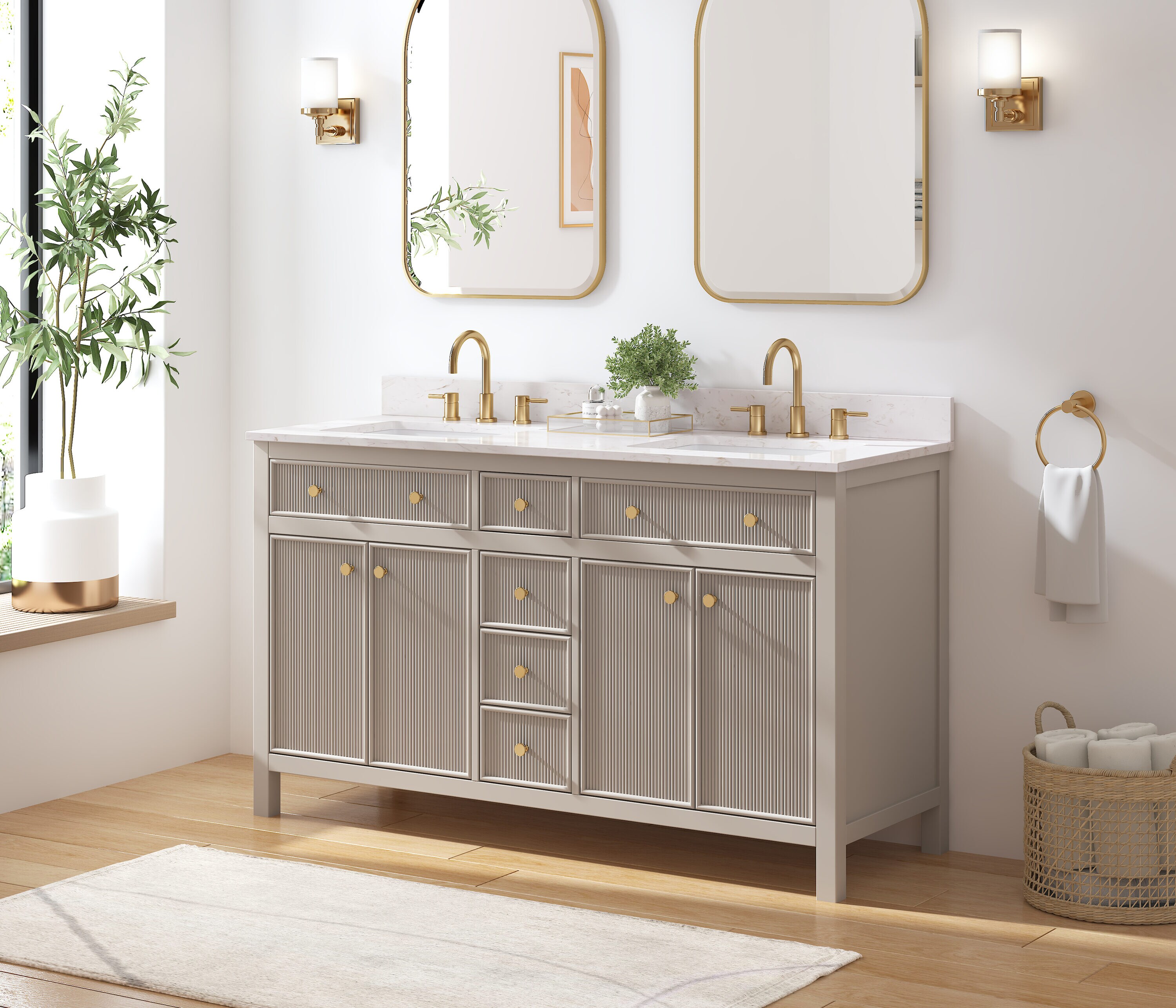 allen + roth Sandbanks 60-in Greige Undermount Double Sink Bathroom Vanity with White Engineered Stone Top