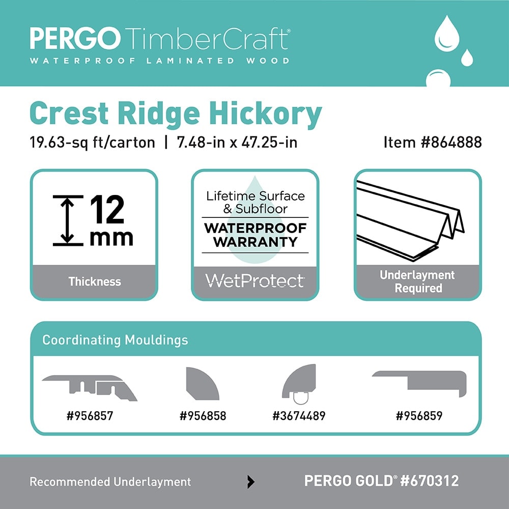 Pergo TimberCraft + WetProtect Waterproof Crest Ridge Hickory 7.48-in W x 47.24-in L Handscraped Wood Plank Laminate Flooring Pergo TimberCraft + WetProtect Waterproof Crest Ridge Hickory 7.48-in W x 47.24-in L Handscraped Wood Plank Laminate Flooring