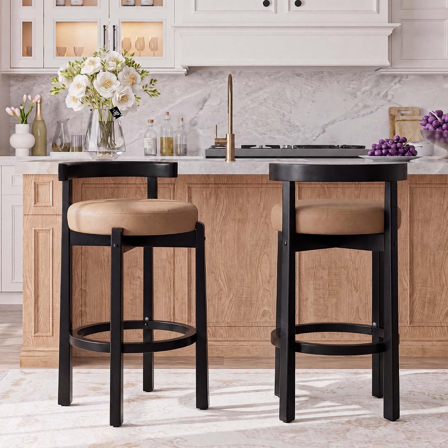 Garvee PU Counter Height Bar Stool Set of 2 with Wood Legs Brown Black ...