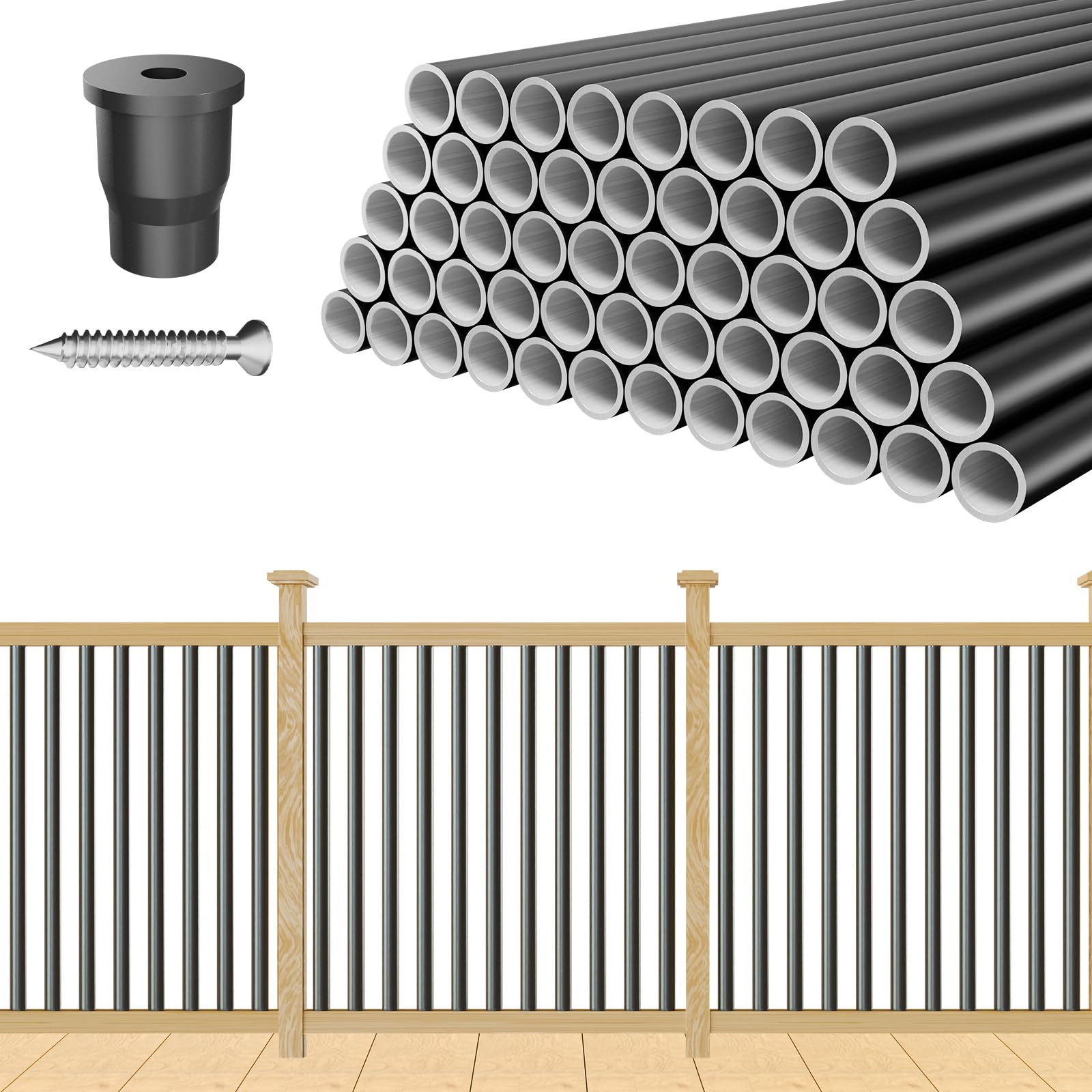 Afoxsos  100 Pack 36 Aluminum Deck Balusters Round Hollow Black Metal Spindles for Deck Railing Stair Porch durable home and garden accessory