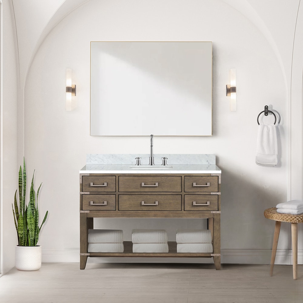 Lexora LVGR48SR101 Greenberg 48-in Grey Oak Undermount Single sink Bathroom Vanity with White Carrara Marble Marble Top (Faucet Included)