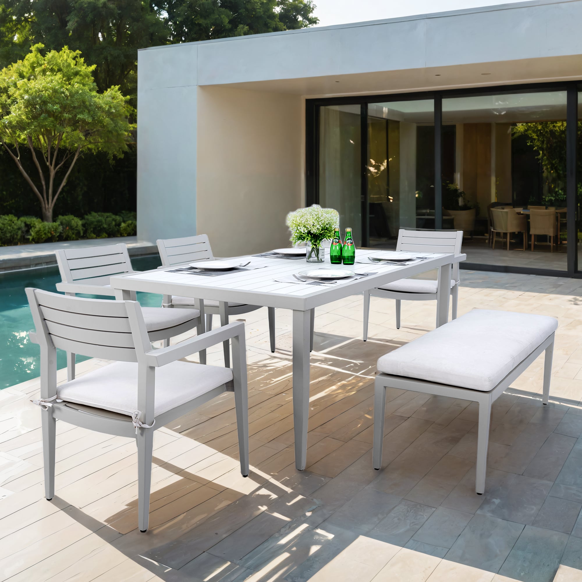 GDFStudio 323217 Patio 6 Piece Dining Set with Stationary Chairs and Bench with Rectangular Table Matte White and Gray