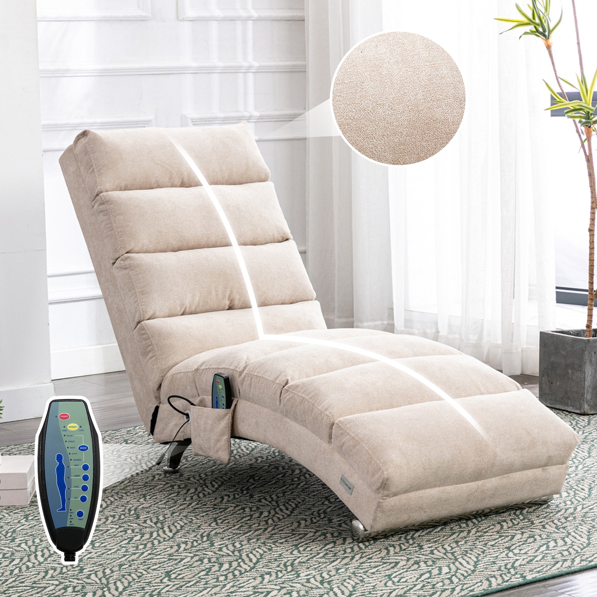 Huluwat Luxury Upholstered Chaise Lounge Chair with Vibration for Relaxation Modern Fixed Back Fabric Leisure Recliner Sofa for Living Room or Bedroom