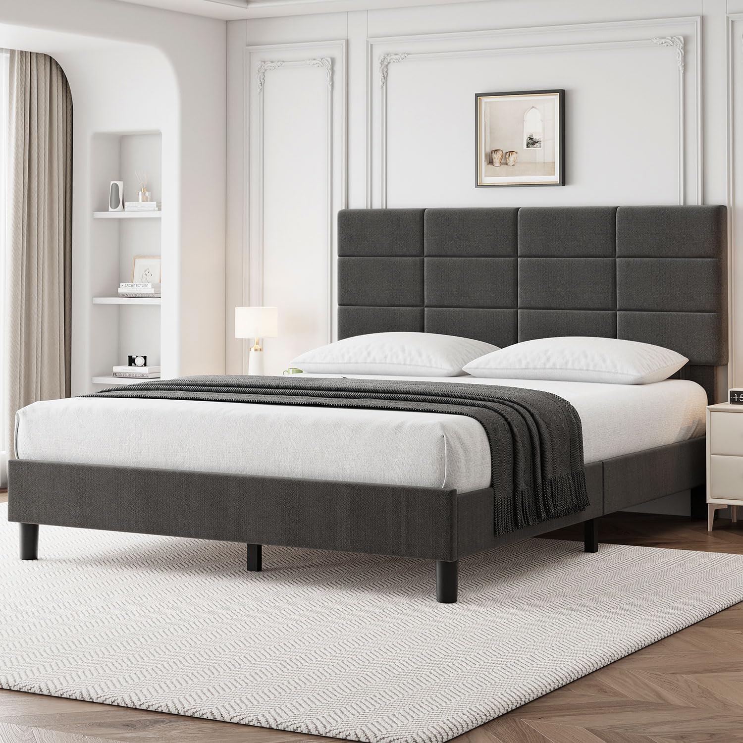 Qeetex LHF-BED-PHO-10JX9IJB Full Size Bed Frame with Adjustable Headboard Linen Upholstered Full Platform Bed Frame with Wooden Slats Support Mattress Foundation and No Box Spring Needed Grey