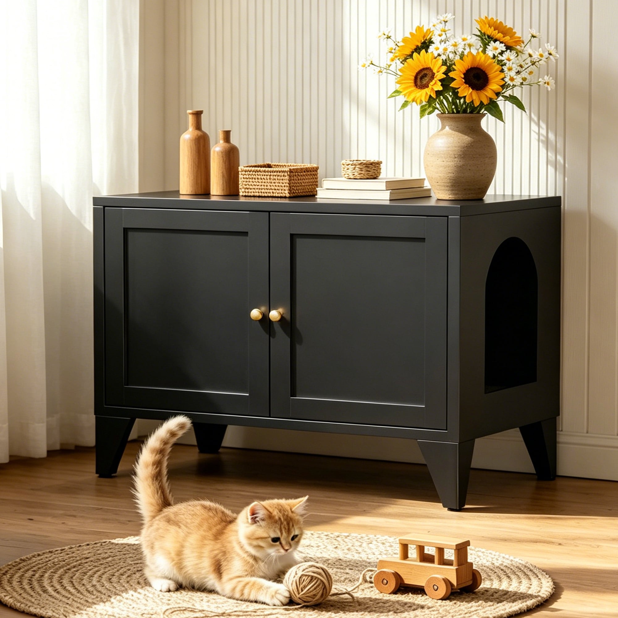 LUXEYARD Metal Cat Litter Box Enclosure Hidden Cat Washroom Cabinet Black