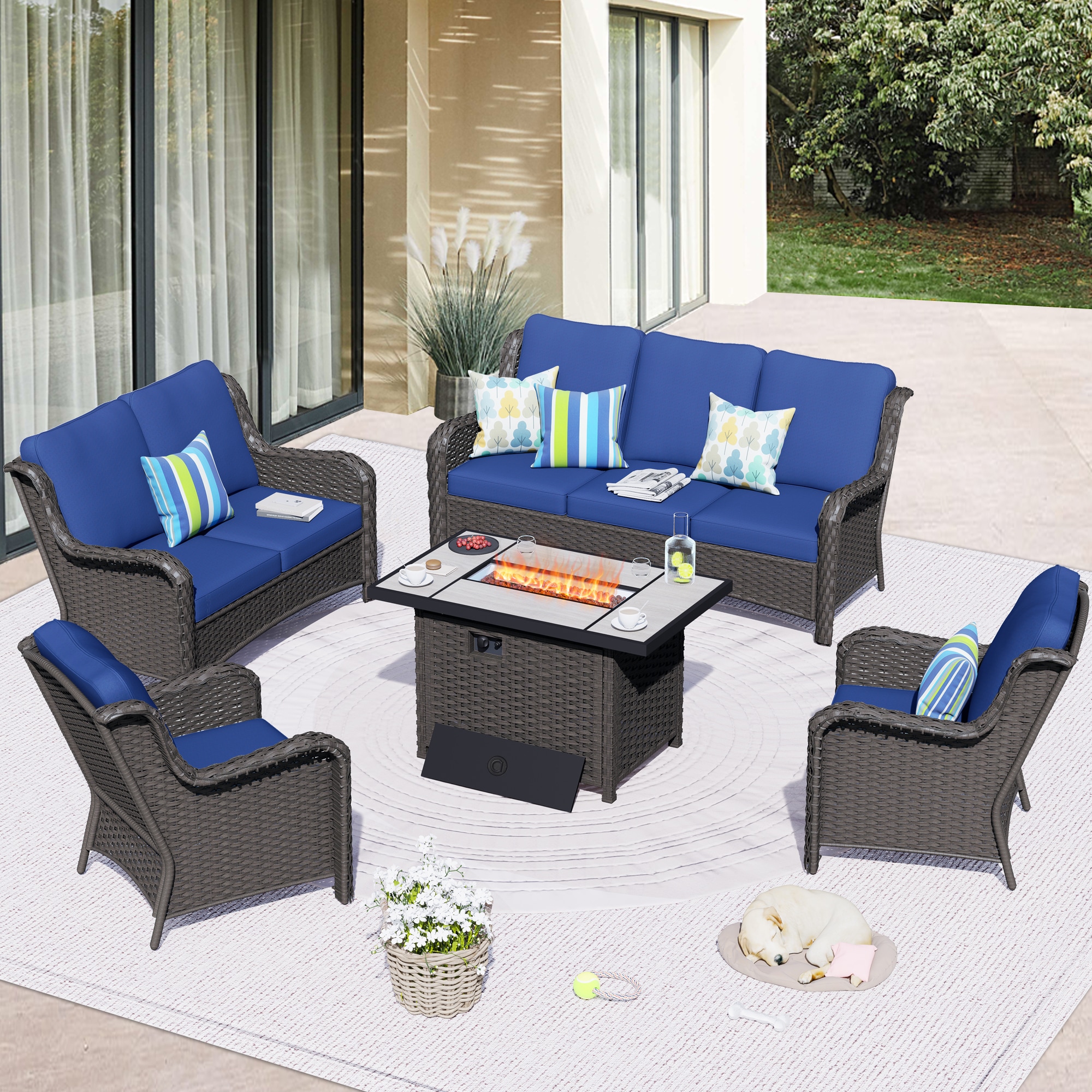 Pouuin SRFPNTC704 5 -Piece Wicker Patio Sofa Conversation Set with Navy Cushions