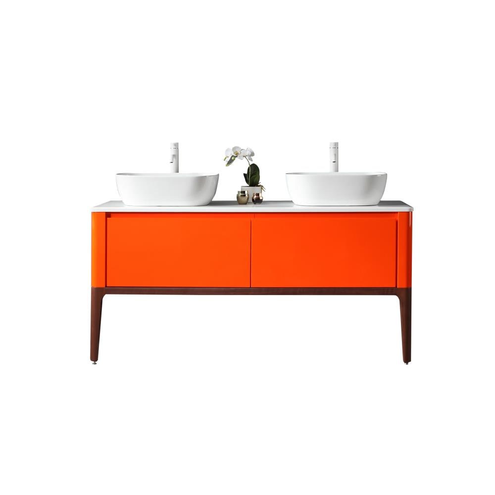 Sedna 60-in Red Amber/Dark Walnut Double Sink Floating Bathroom Vanity with Pure White Quartz Top in Orange | - CARTISAN DESIGN VASEBRA60FD