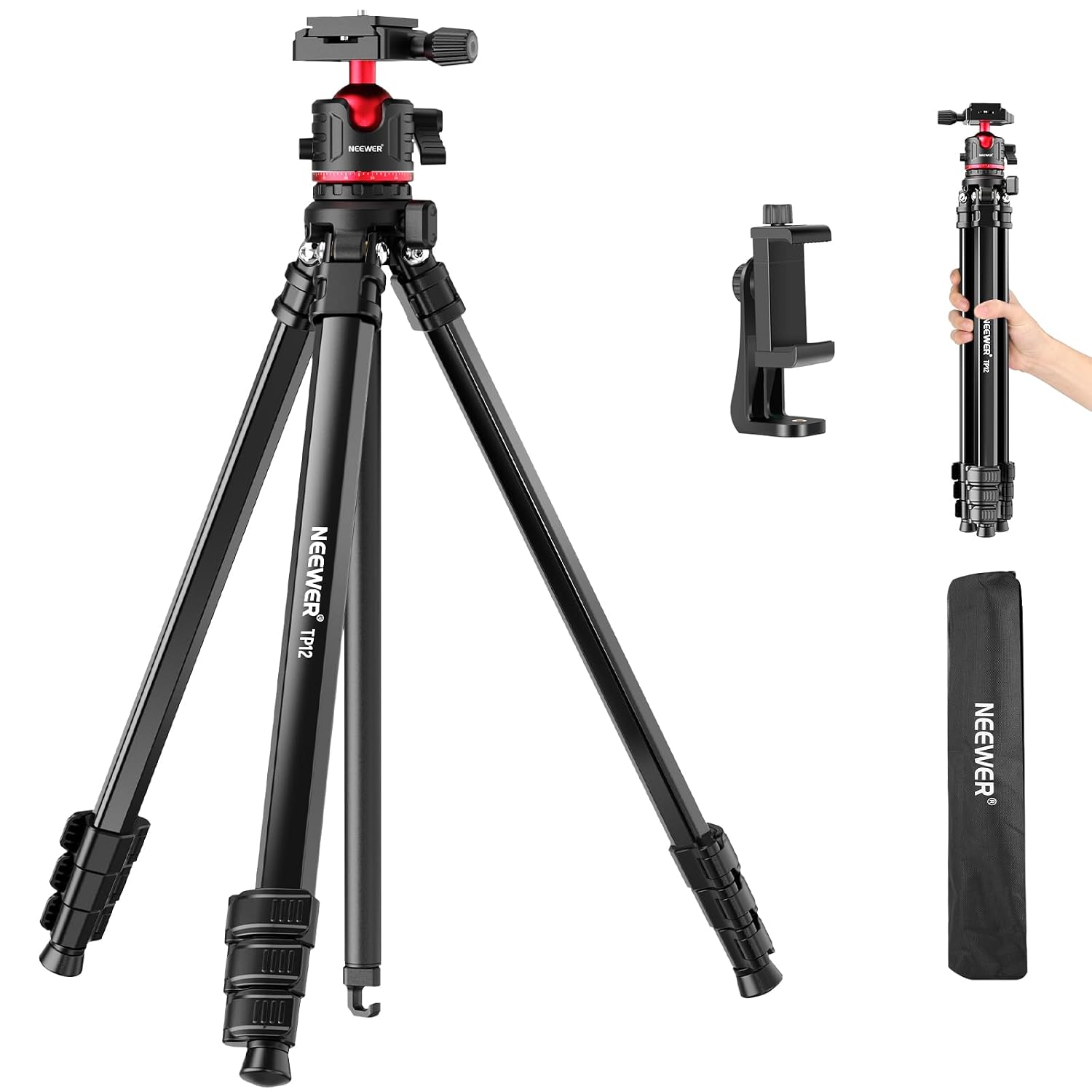 NEEWER 66.5 in Aluminum Travel Tripod with Ball Head Arca QR Plate and Phone Holder for DSLR Mirrorless Cameras and Smartphones Max Load 11 lb