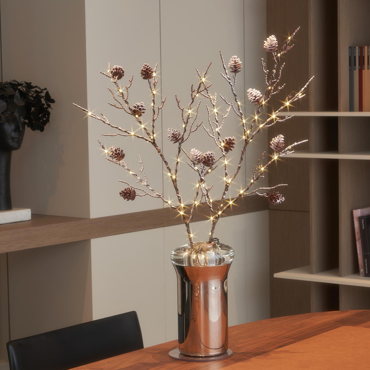 Fudios 32in Artificial Snowed Willow Branch with Pinecones and 120 Warm White LED Fairy Lights and Built-In Timer