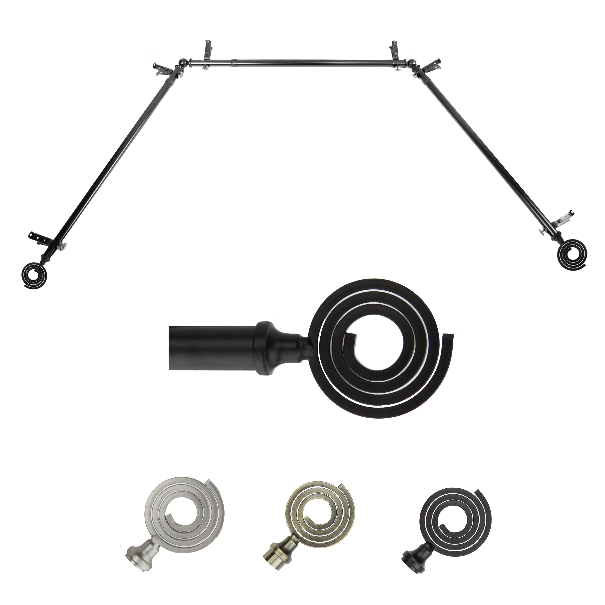 Hart & Harlow LO-ABAY-61-2 72-in to 144-in Black Steel Bay window curtain rod with Finials