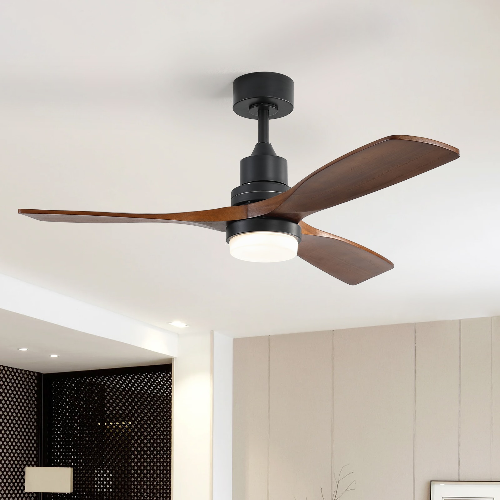 Sofucor LS-5247-BK-HTM-60-W Nicola 52-in Color-Changing Integrated LED Black with Brown Blades Propeller Ceiling Fan With Light and Remote ( 3 -Blade )