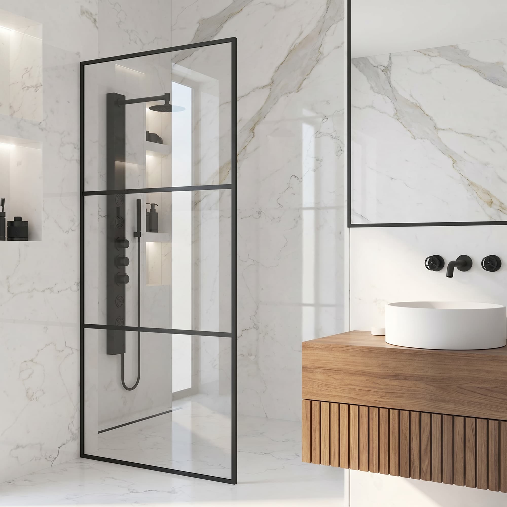 VIGO Divide Matte Black 34-in W x 74-in H Framed Fixed Shower Door