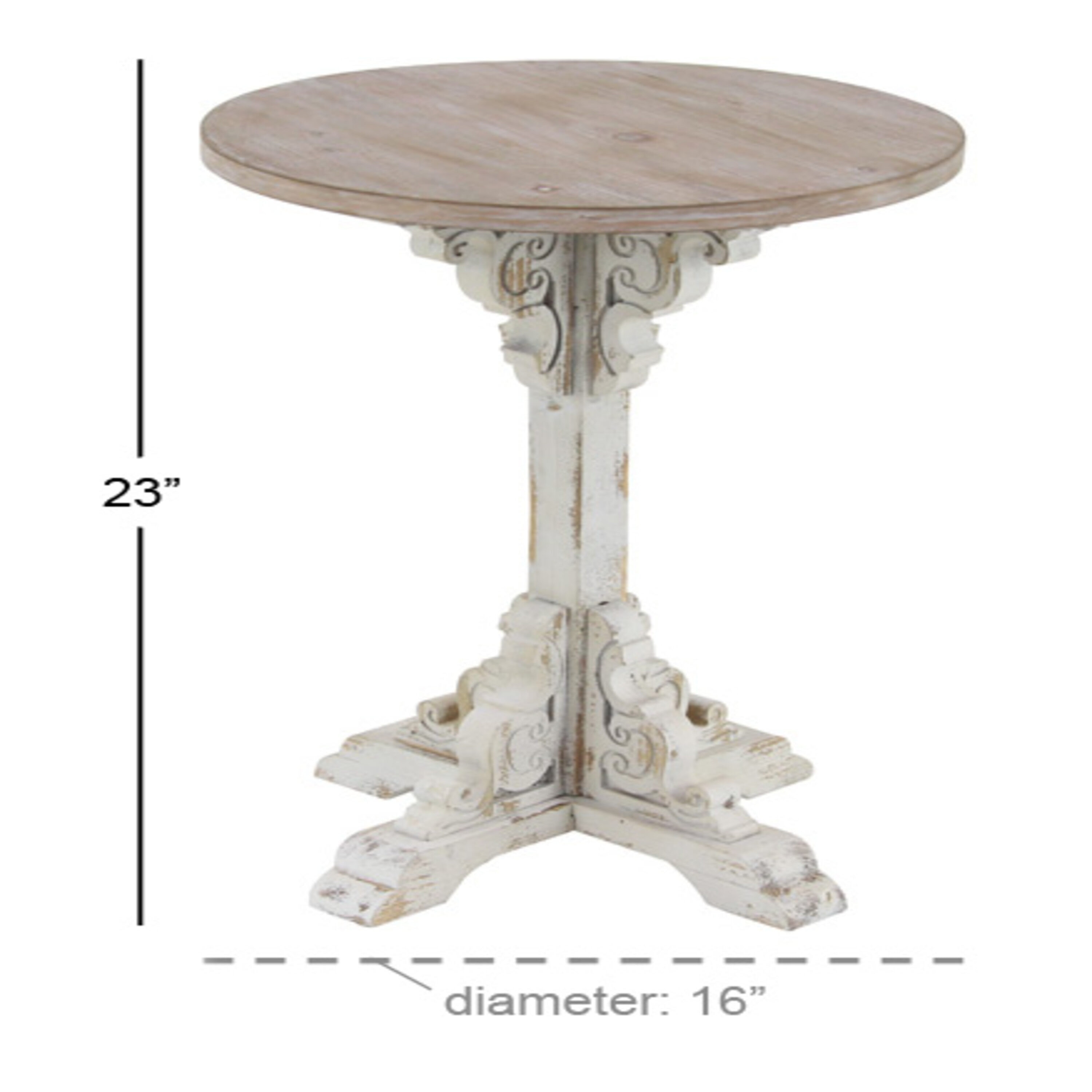 White and Beige Carved Wood Round Accent Table