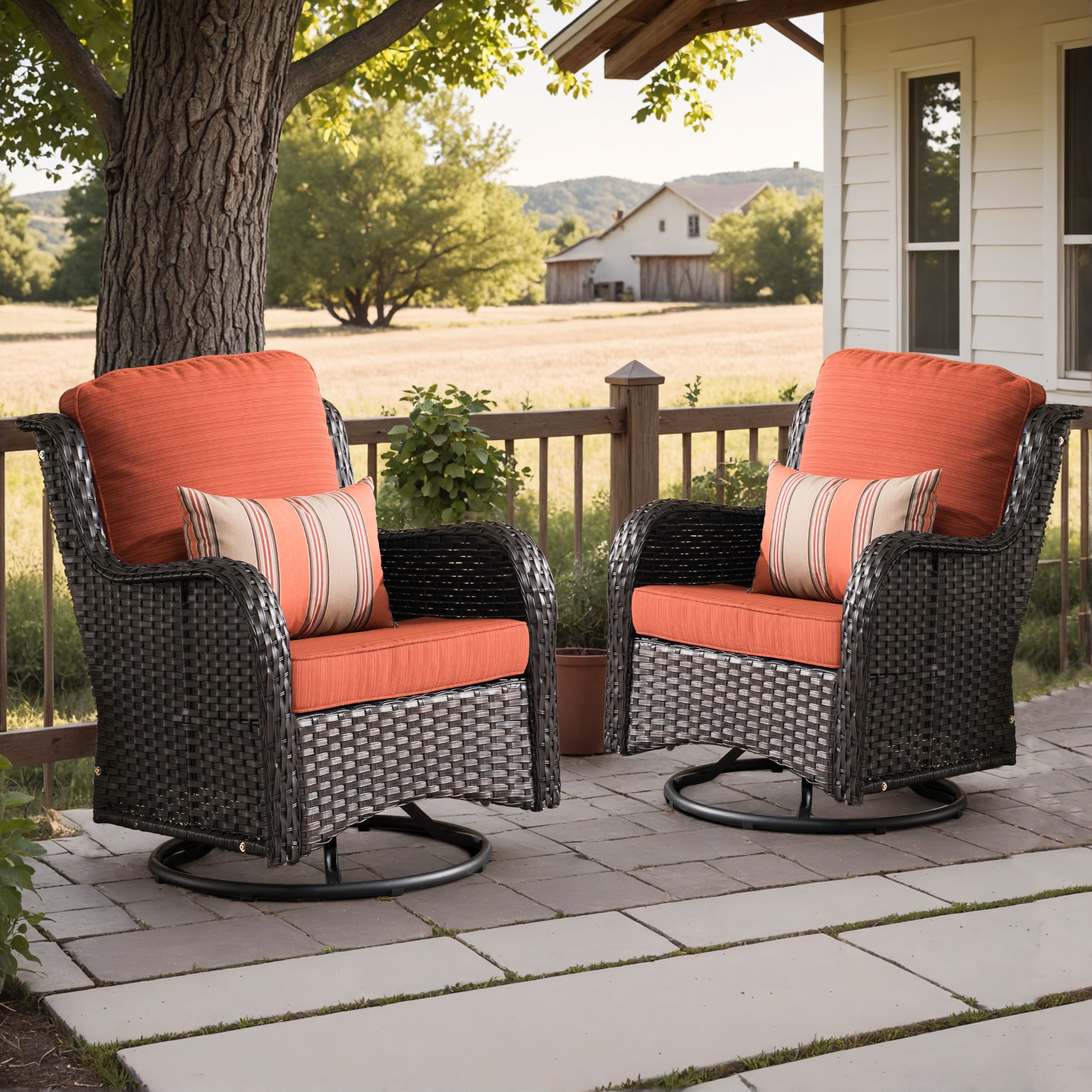 Pouuin SYZNTC802 Set of 2 Wicker Brown Metal Frame Swivel rocker Rocking Chair with Orange Cushioned Seat