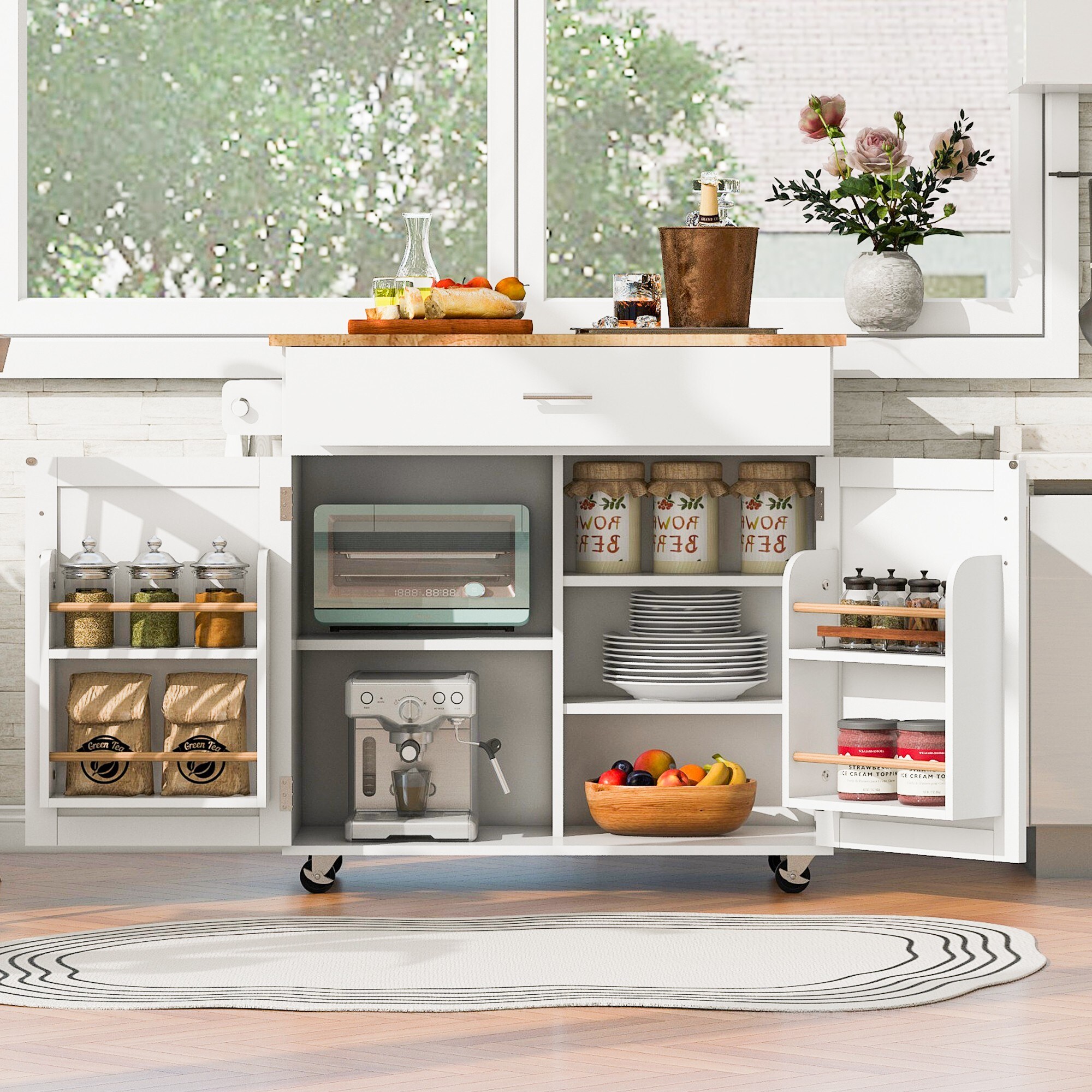 Xspracer White Mdf Base with Wood Top Rolling Kitchen Island (26-in x 39-in x 34-in)