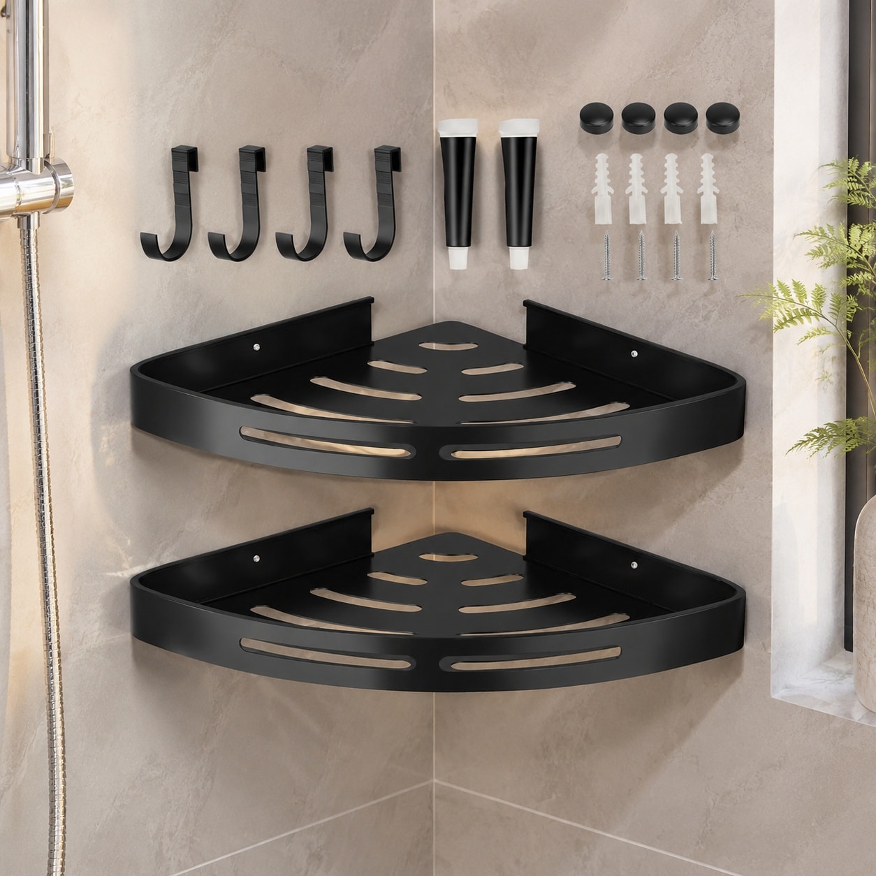 Oyezvary Corner Shower Shelf 2-Pack Matte Black Aluminum Wall Mounted Bathroom and Kitchen Storage Rack with Hooks